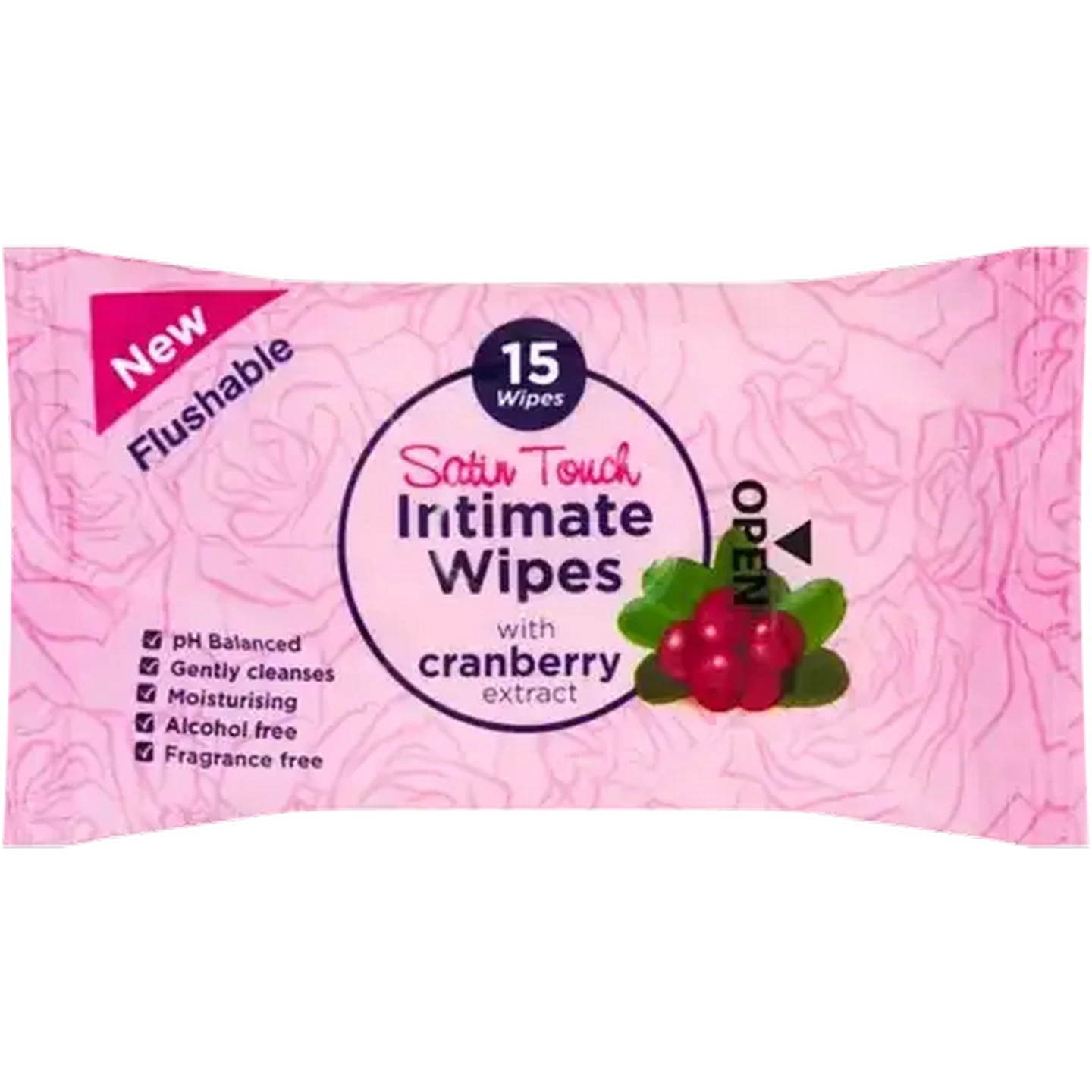 Image of Satin Touch Intimate Wipes with Cranberry Extract 15 Pack