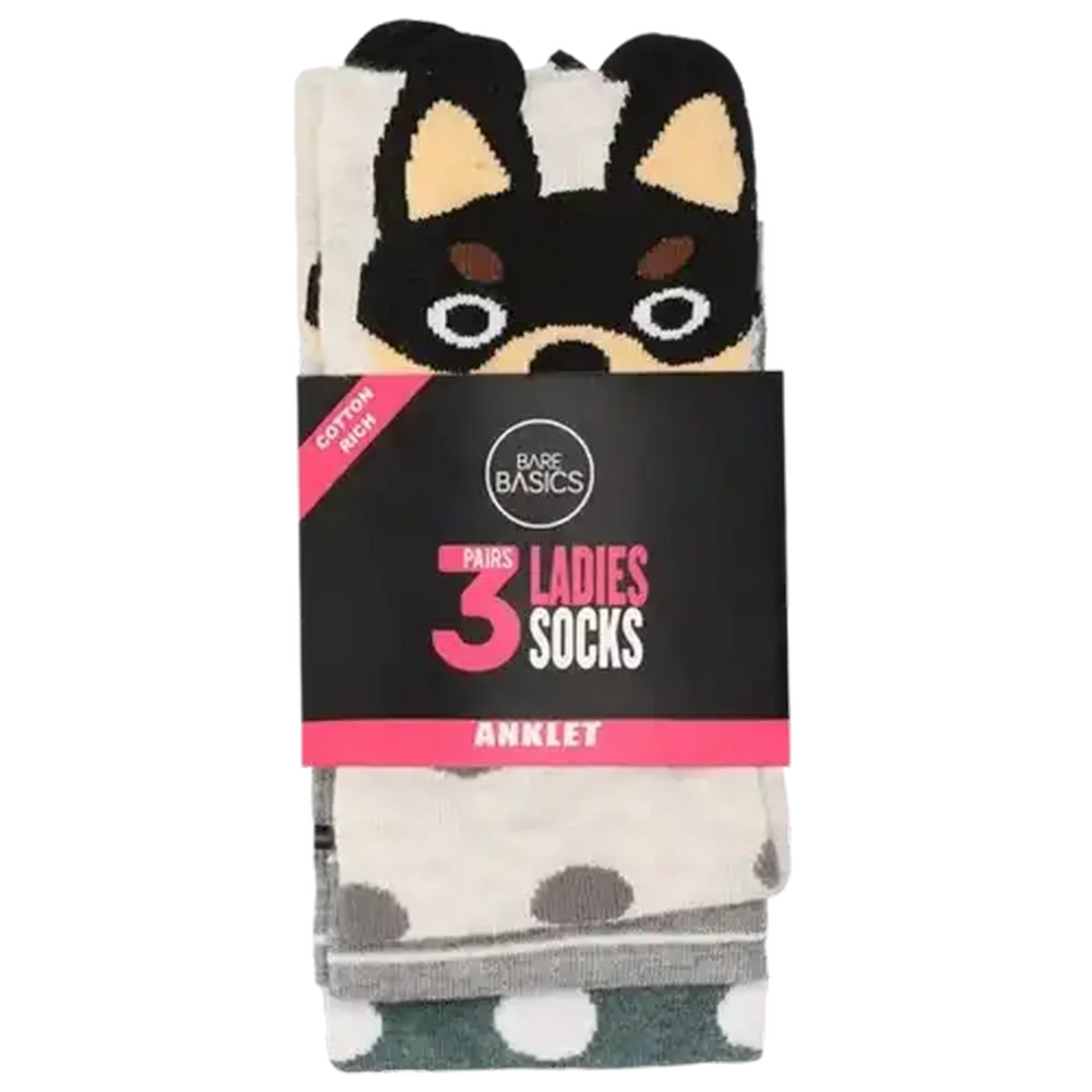 Image of Bare Basics Ladies Cotton Rich Dog Anklet Socks Size 4-7 3-Pack (Design May Vary)