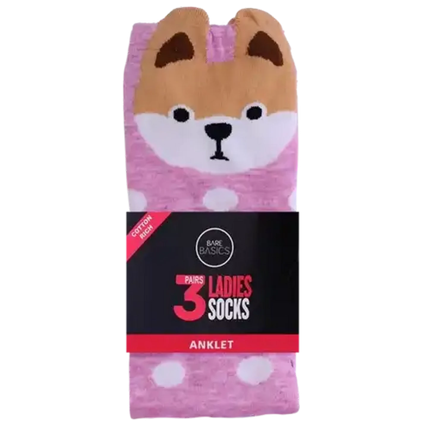 Image of Bare Basics Ladies Cotton Rich Dog Anklet Socks Size 4-7 3-Pack (Design May Vary)