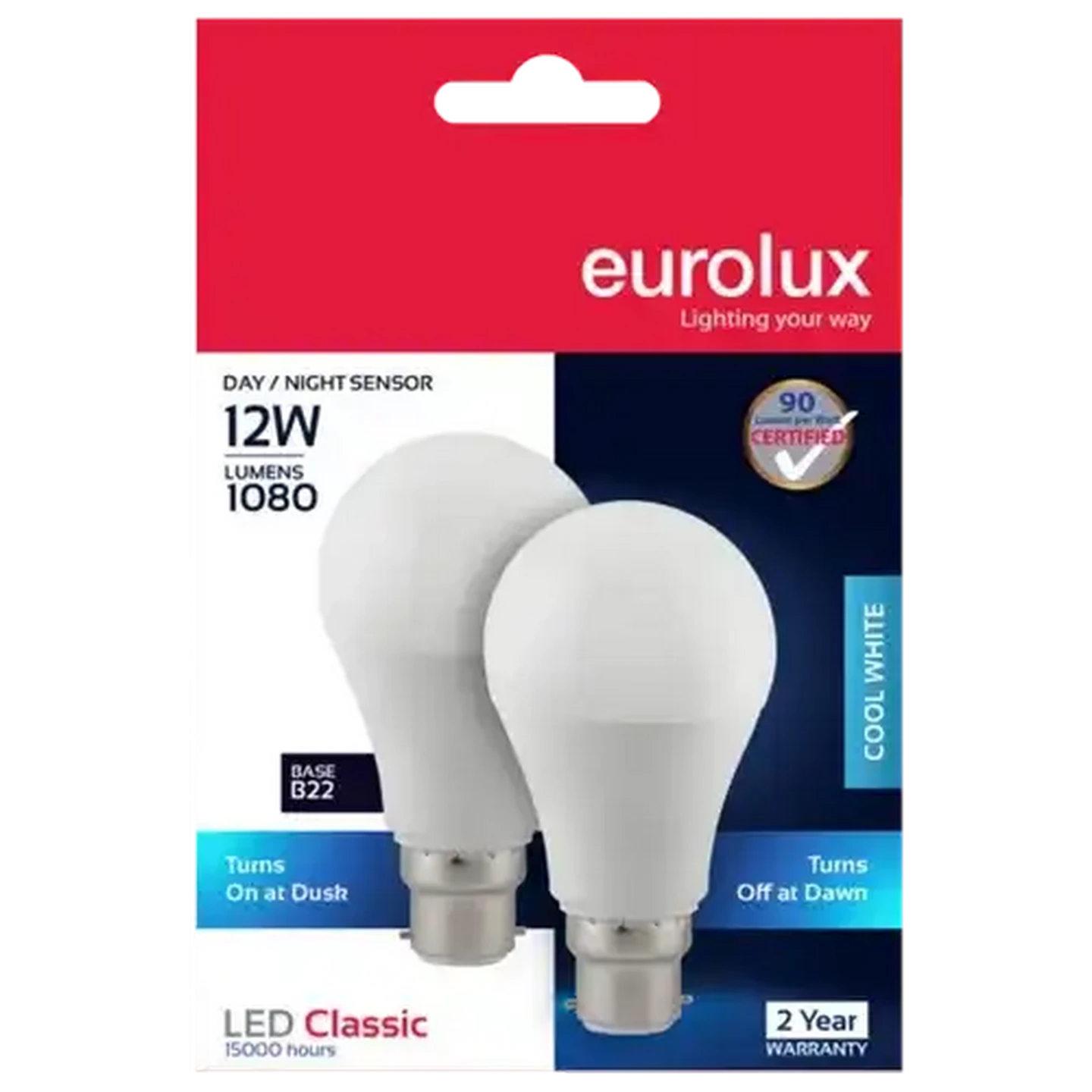 Image of Eurolux Cool White 12W B22 LED-A60 Classic Day/Night Sensor Globe 2-Pack