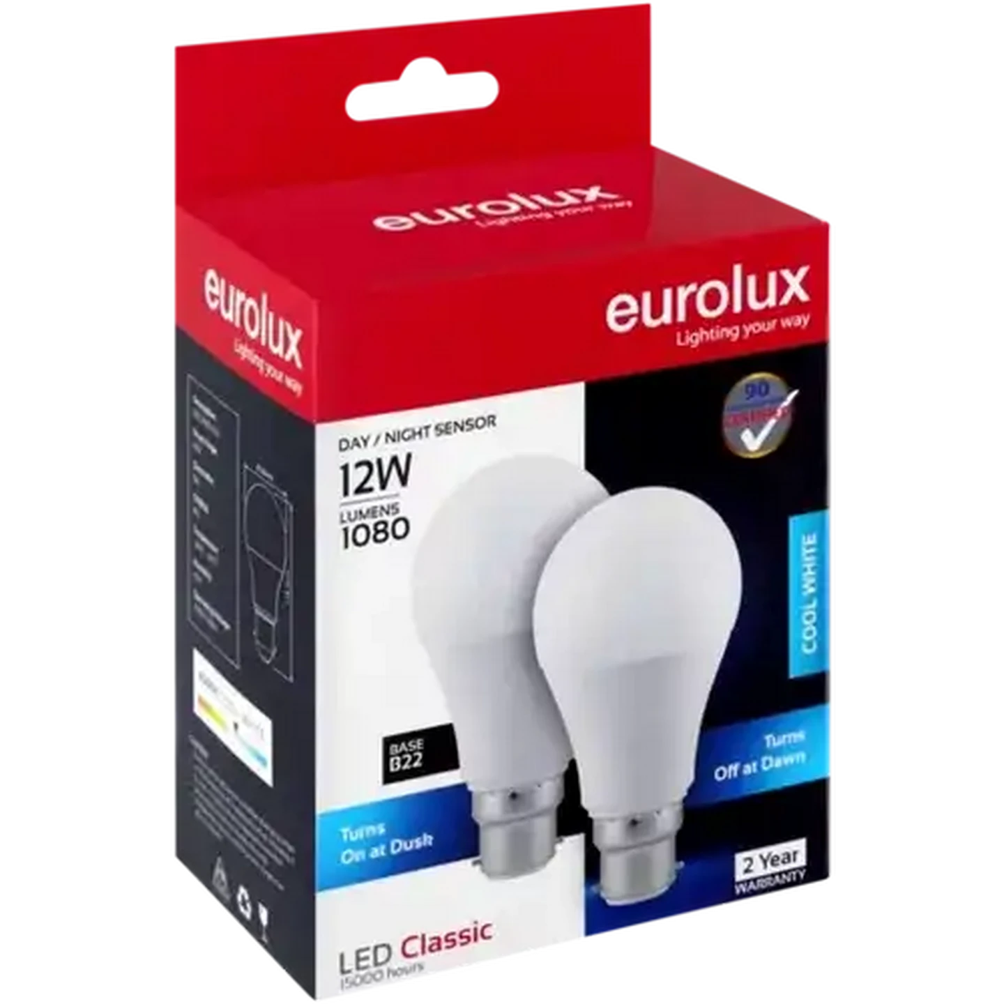 Image of Eurolux Cool White 12W B22 LED-A60 Classic Day/Night Sensor Globe 2-Pack