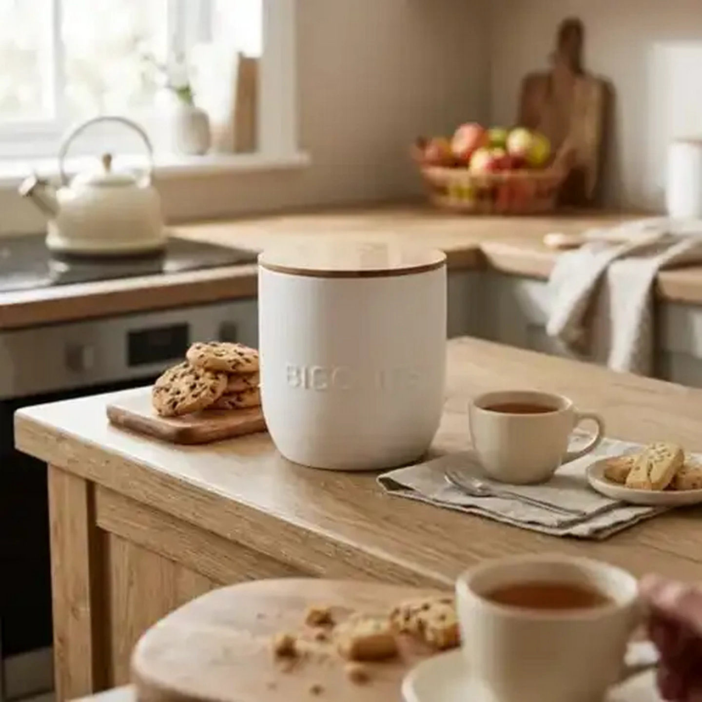 Image of Embossed White Biscuit Tin with Bamboo Lid