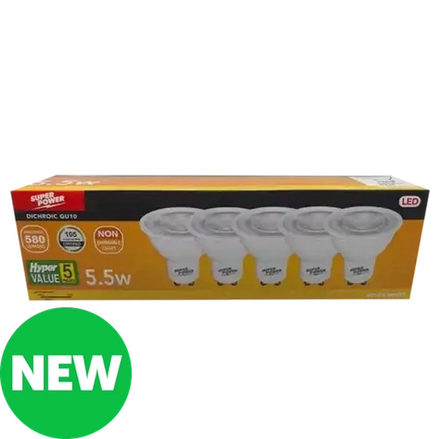 Image of Hyper Value Super Power  Warm White LED GU10 Globes 5.5W 5-Pack