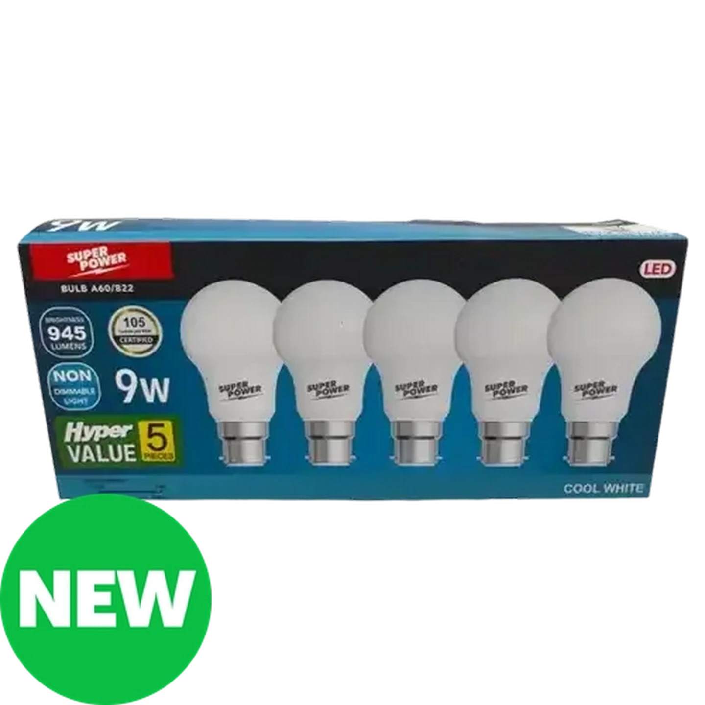 Image of Hyper Value Super Power  Cool White LED A60 BC Globes 9W 5-Pack