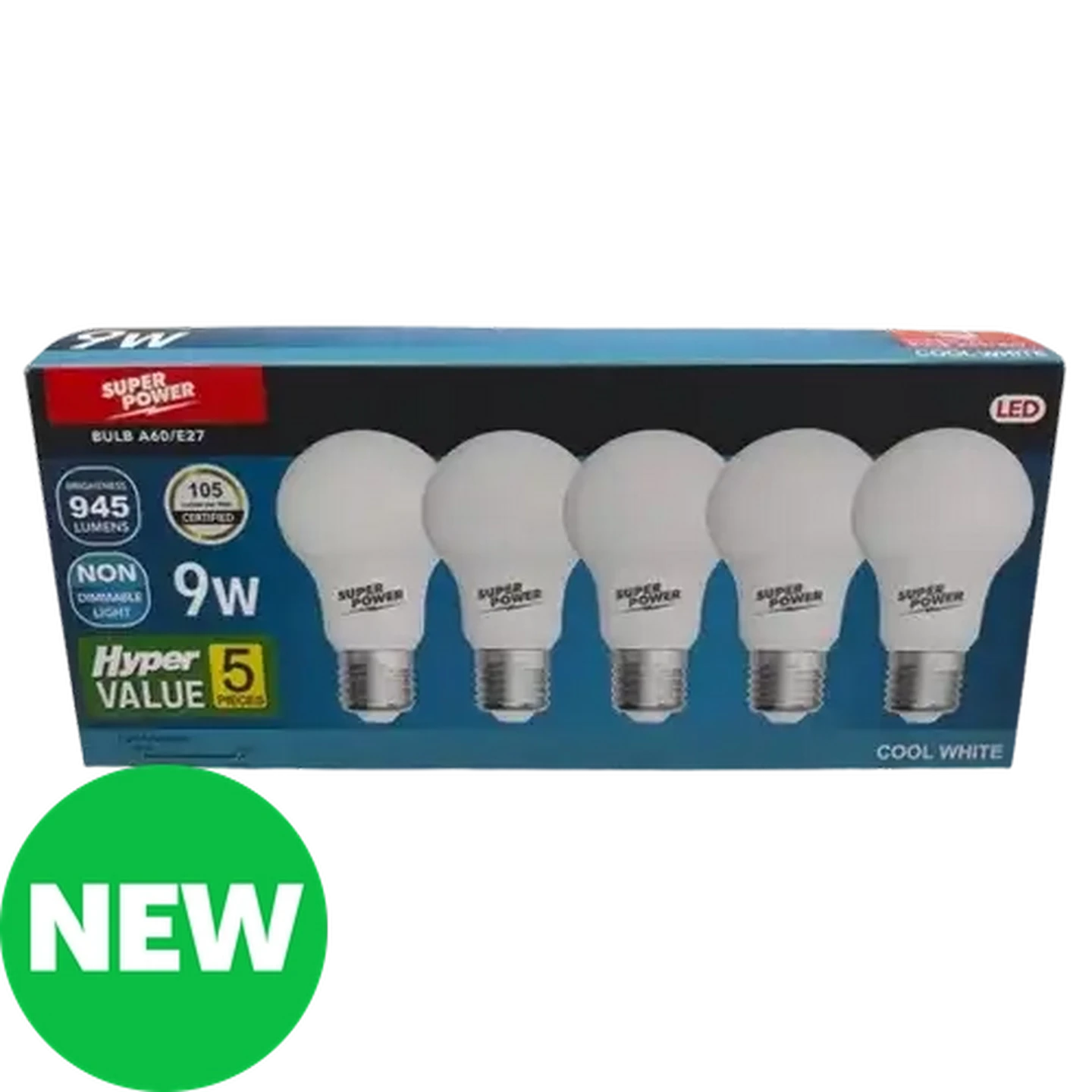 Image of Hyper Value Super Power  Cool White LED A60 ES Globes 9W 5-Pack