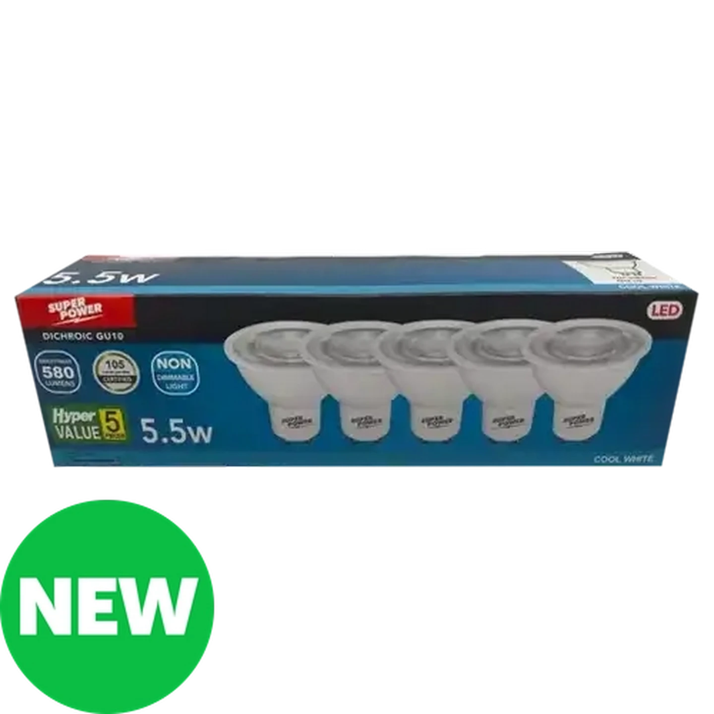 Image of Hyper Value Super Power  Cool White LED GU10 Globes 5.5W 5-Pack