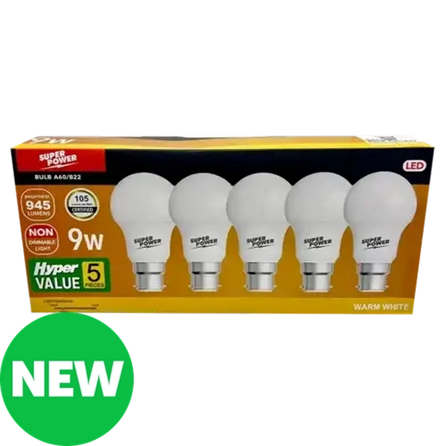 Image of Hyper Value Super Power  Warm White LED A60 BC Globes 9W 5-Pack