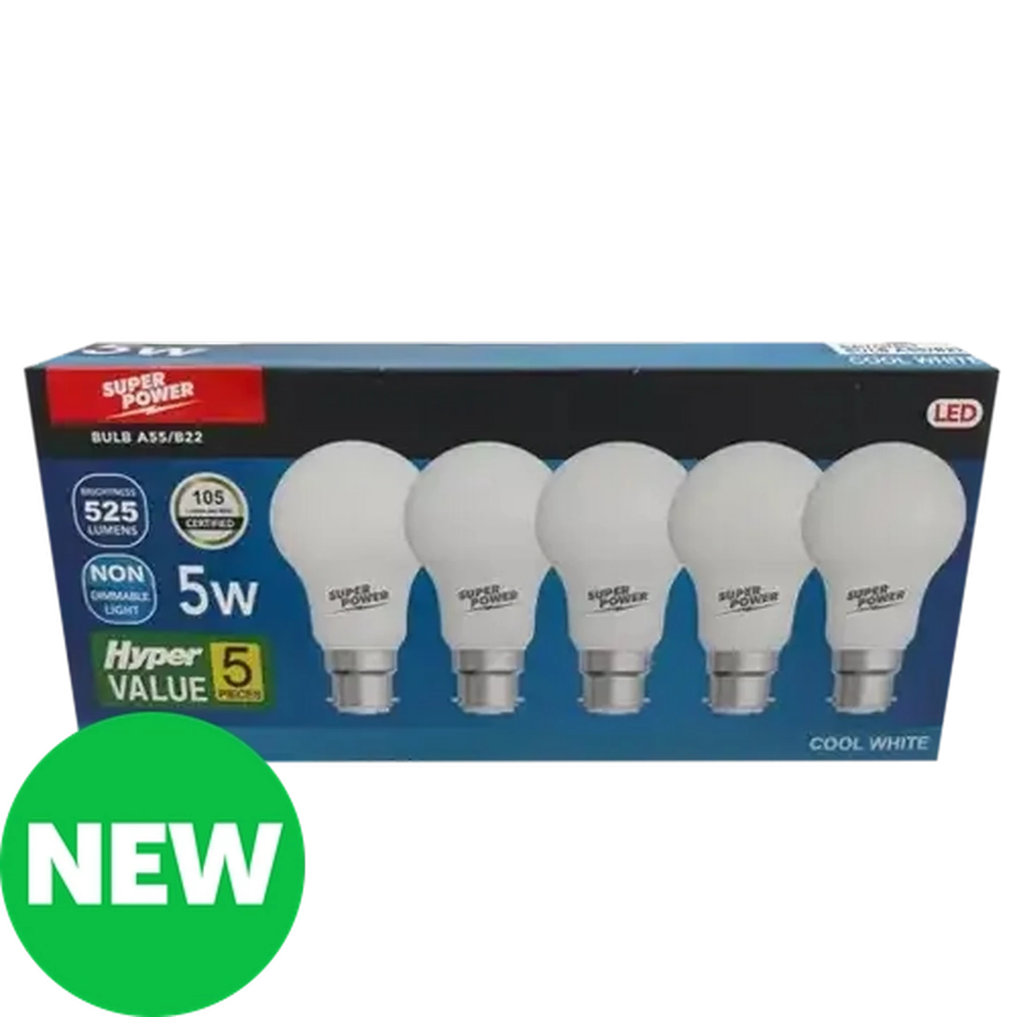 Image of Hyper Value Super Power  Cool White LED A55 BC Globes 5W 5-Pack
