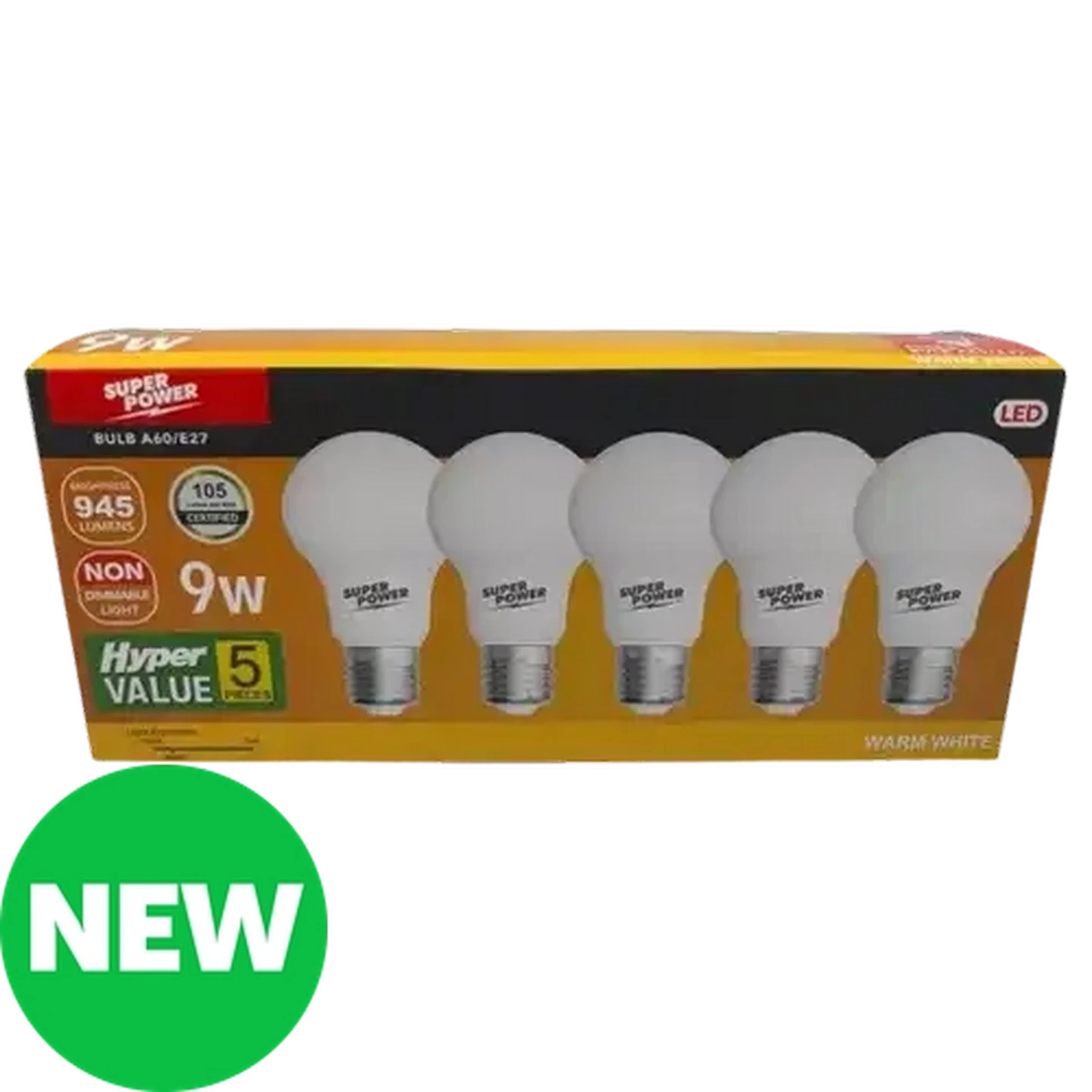 Image of Hyper Value Super Power  Warm White LED A60 ES Globes 9W 5-Pack
