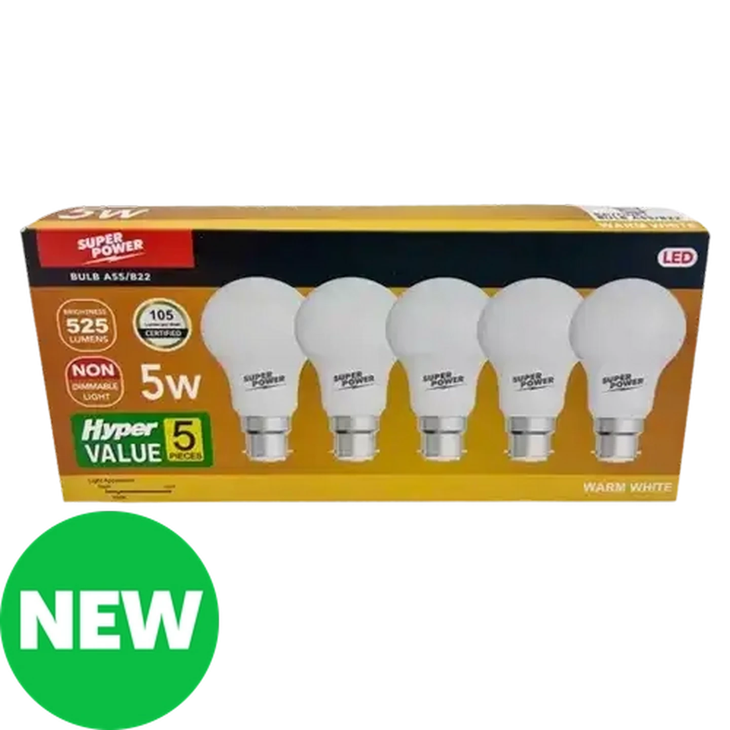 Image of Hyper Value Super Power  Warm White LED A55 BC Globes 5W 5-Pack