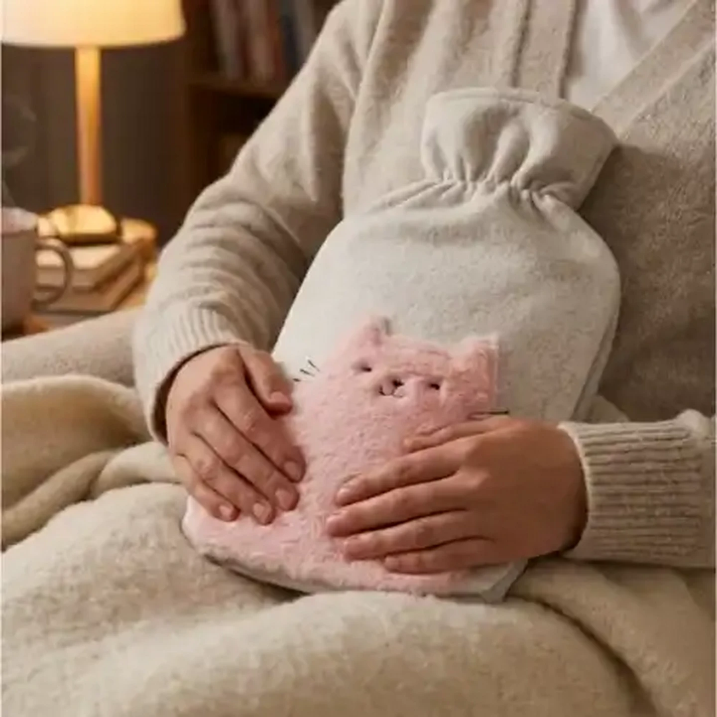 Image of Hot Water Bottle with White & Pink Felt Cat Cover 2L