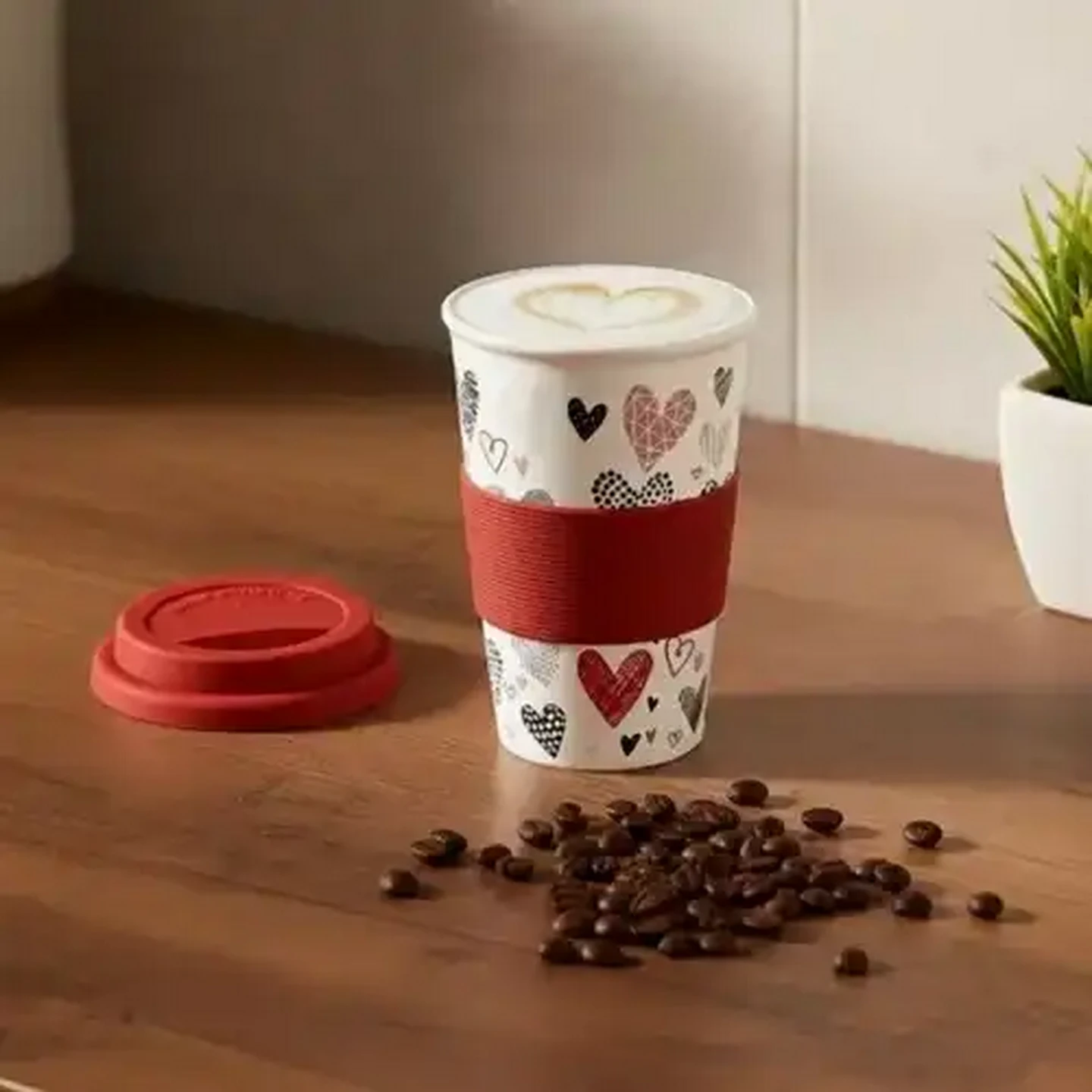 Image of Heart Silicone Lid & Grip Ceramic Coffee Mug 320ml (Design May Vary)
