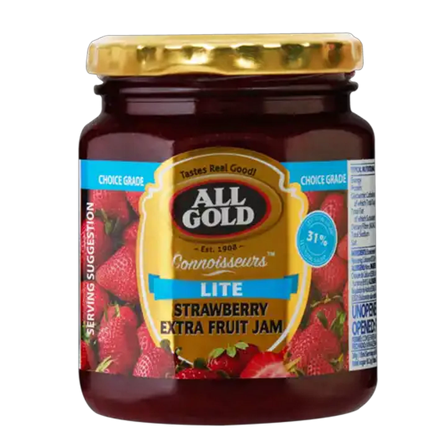 Image of ALL GOLD Lite Strawberry Extra Fruit Jam Jar 300g