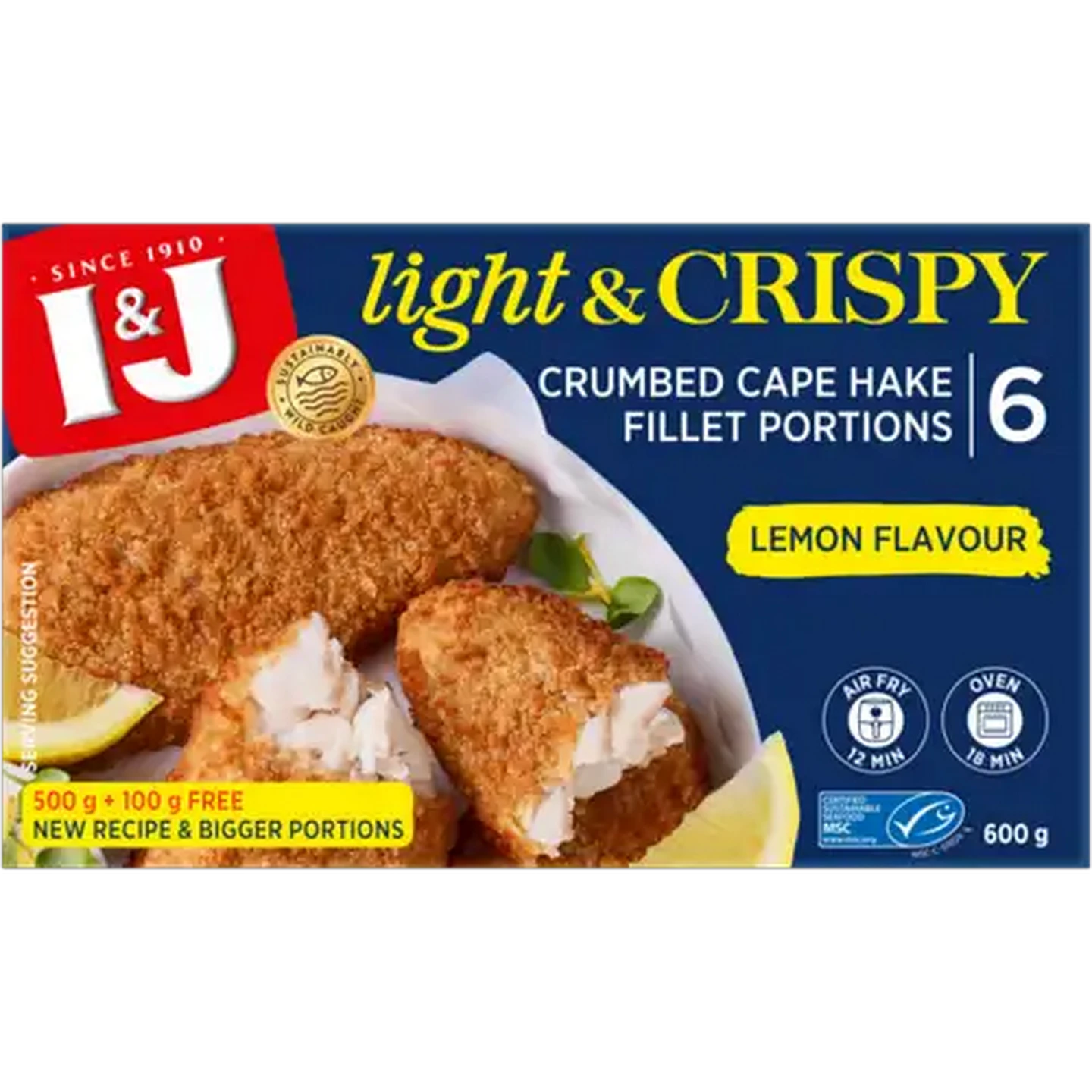 Image of I&J Light & Crispy Lemon Flavour Frozen Crumbed Cape Hake Fillet Portions 600g