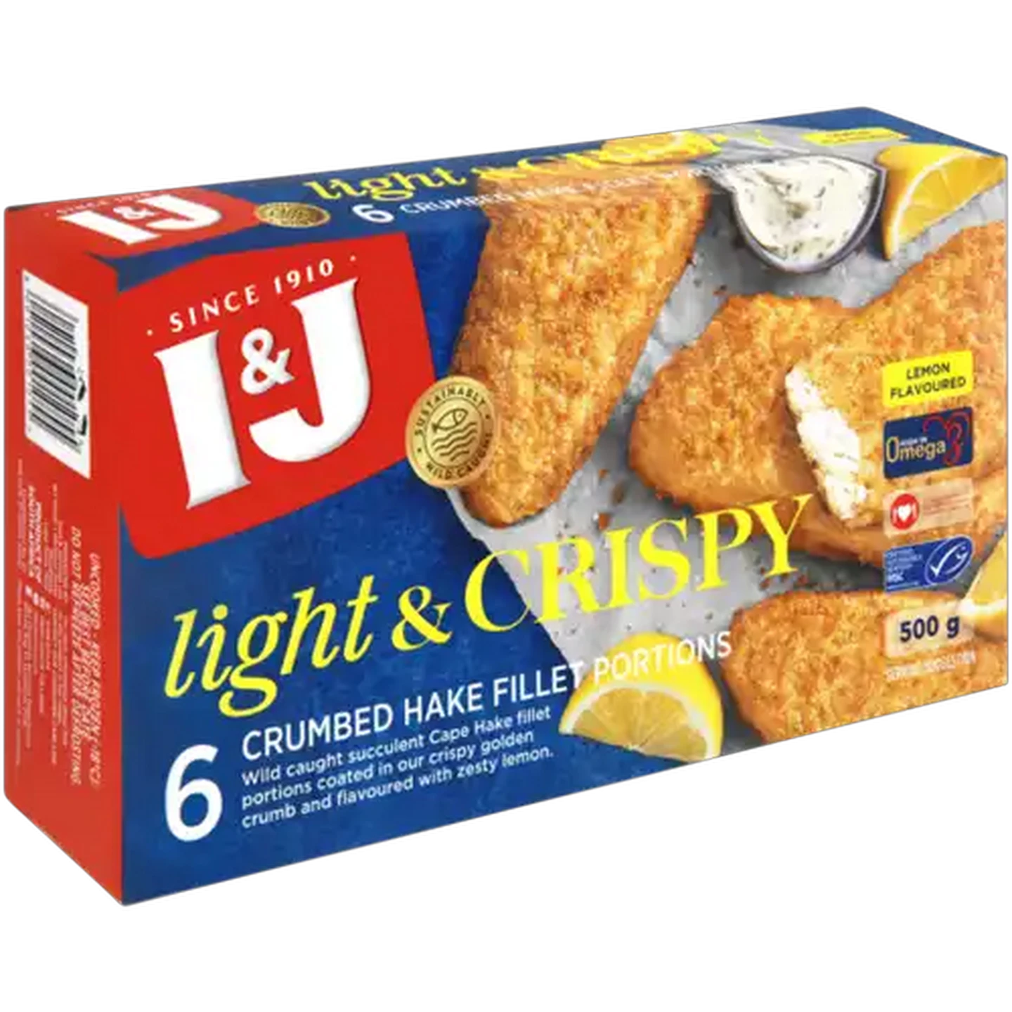 Image of I&J Light & Crispy Lemon Flavour Frozen Crumbed Cape Hake Fillet Portions 600g