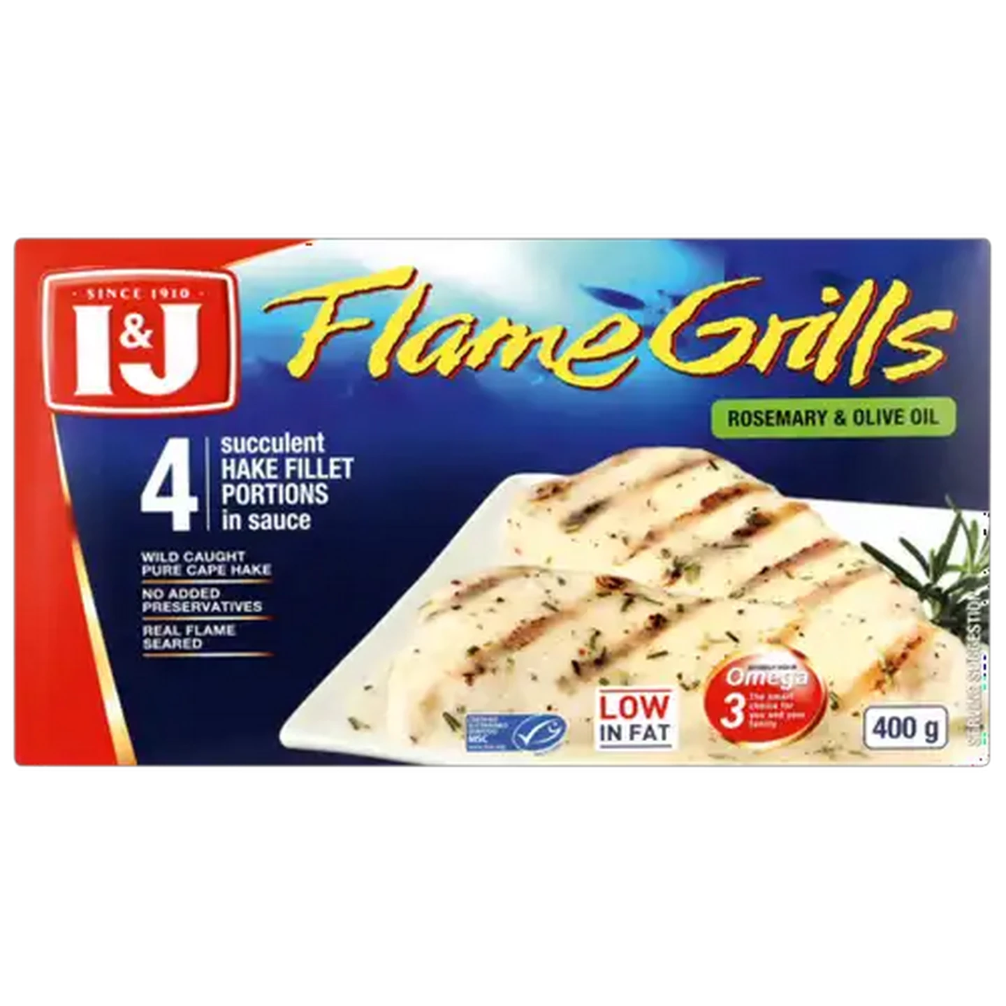 Image of I&J Flame Grills Frozen Hake Fillet Portions in Rosemary & Olive Oil Sauce 400g