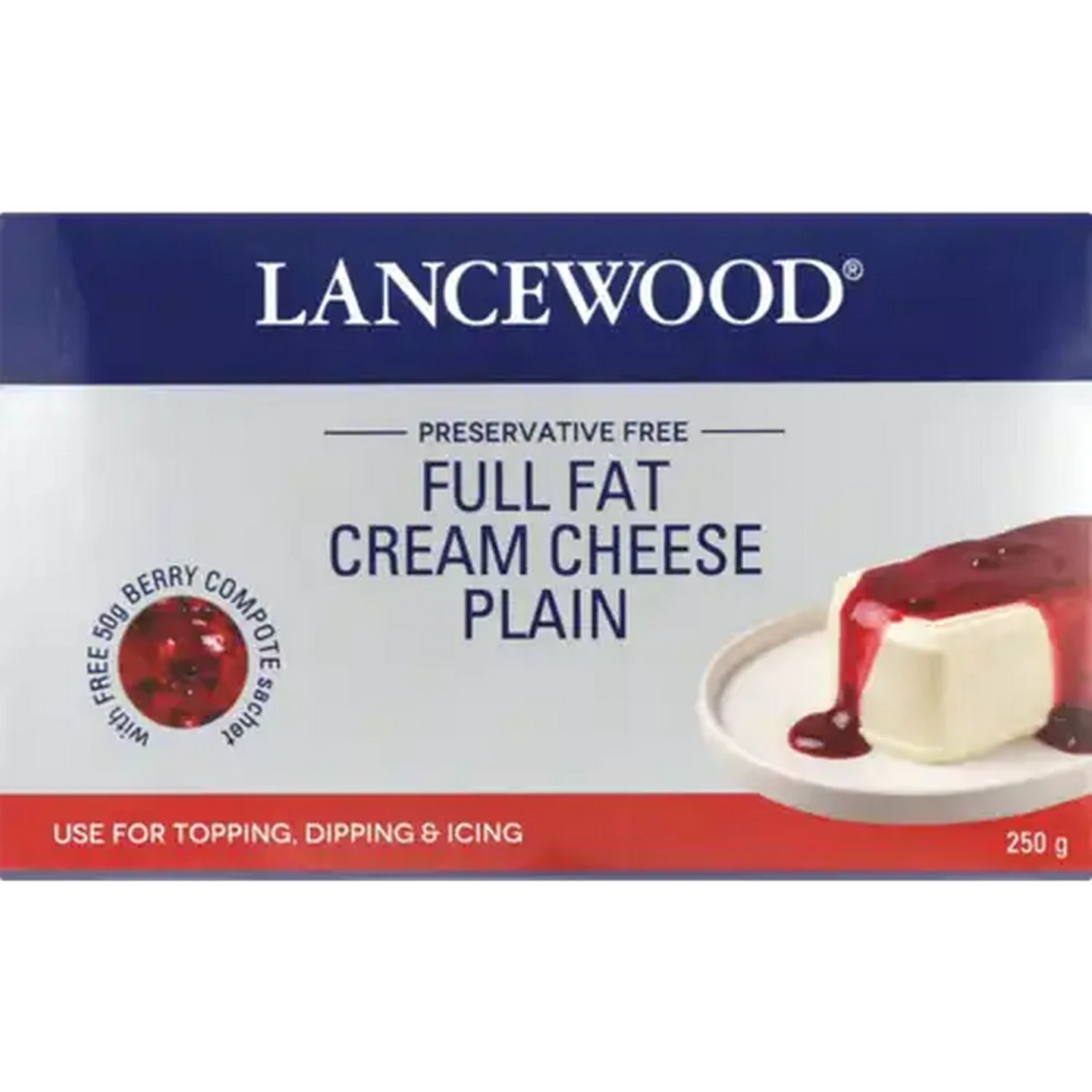 Image of LANCEWOOD Plain Full Fat Cream Cheese 250g With Free Berry Compote Sachet 50g