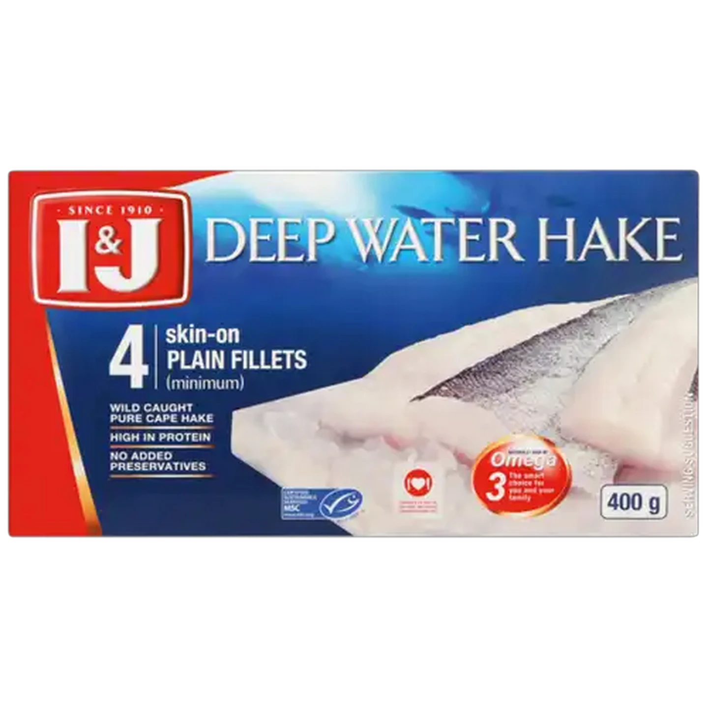Image of I&J Frozen Deep Water Hake Skin On Plain Fillets 400g