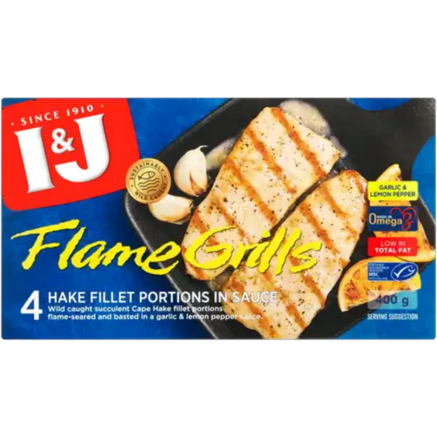 Image of I&J Frozen Flame Grills Hake Fillet Portions In Garlic & Lemon Pepper Sauce 400g