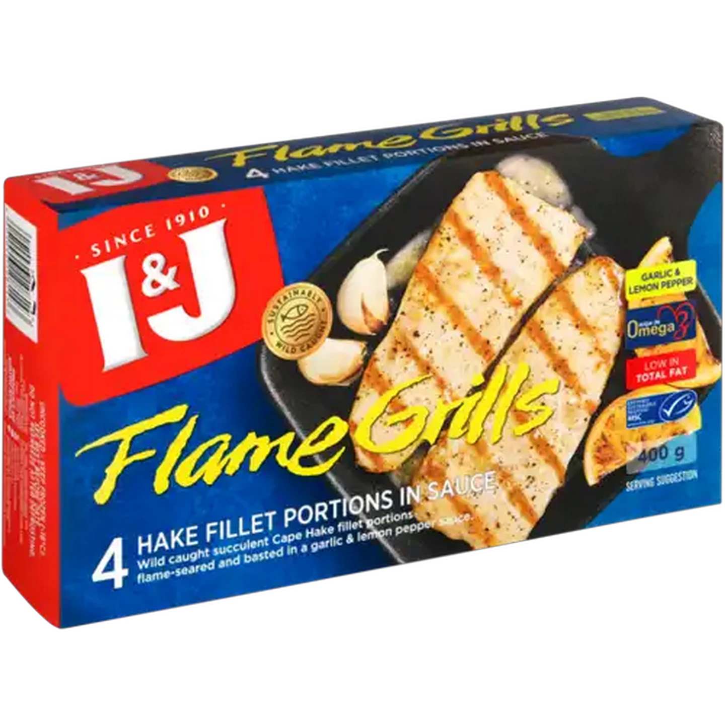 Image of I&J Frozen Flame Grills Hake Fillet Portions In Garlic & Lemon Pepper Sauce 400g