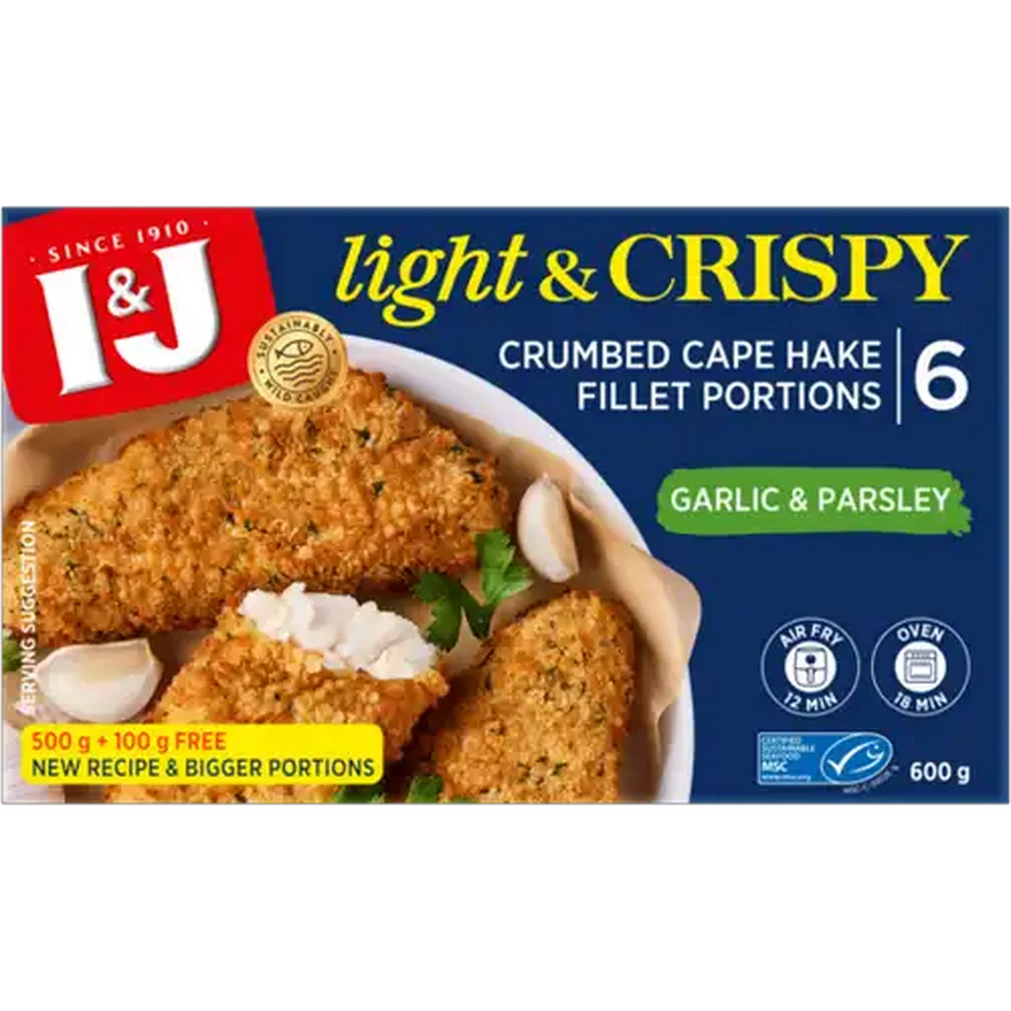 Image of I&J Light & Crispy Garlic & Parsley Frozen Crumbed Cape Hake Fillet Portions 600g