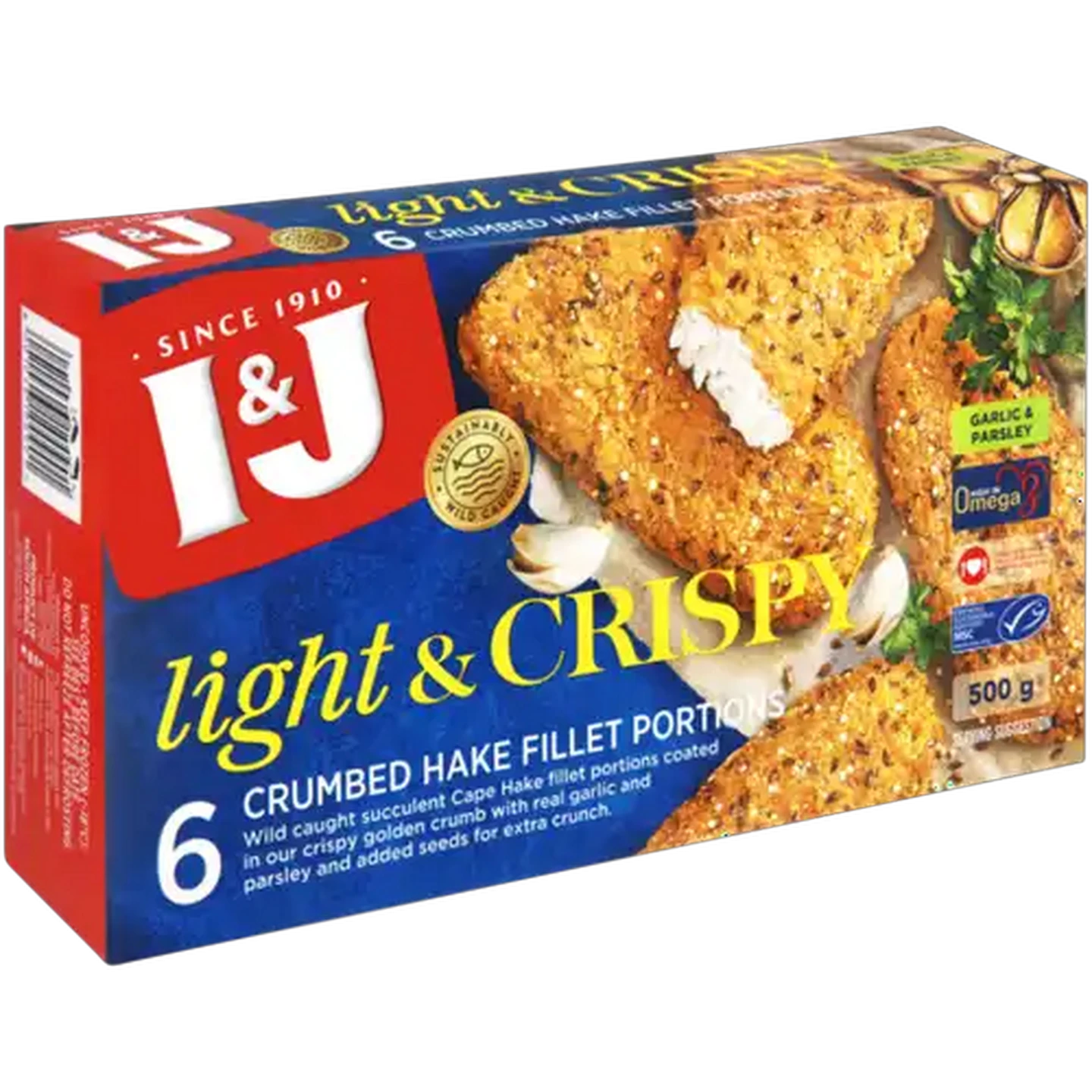 Image of I&J Light & Crispy Garlic & Parsley Frozen Crumbed Cape Hake Fillet Portions 600g