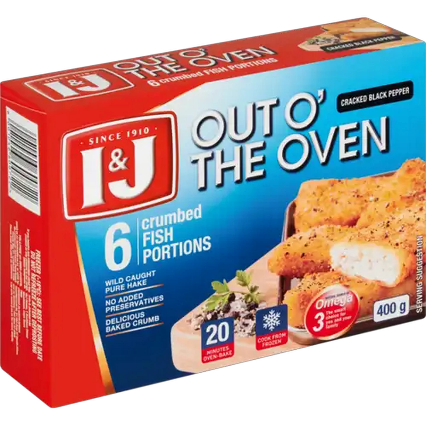 Image of I&J Frozen Out O' The Oven Cracked Black Pepper Flavoured Crumbed Fish Portions 400g