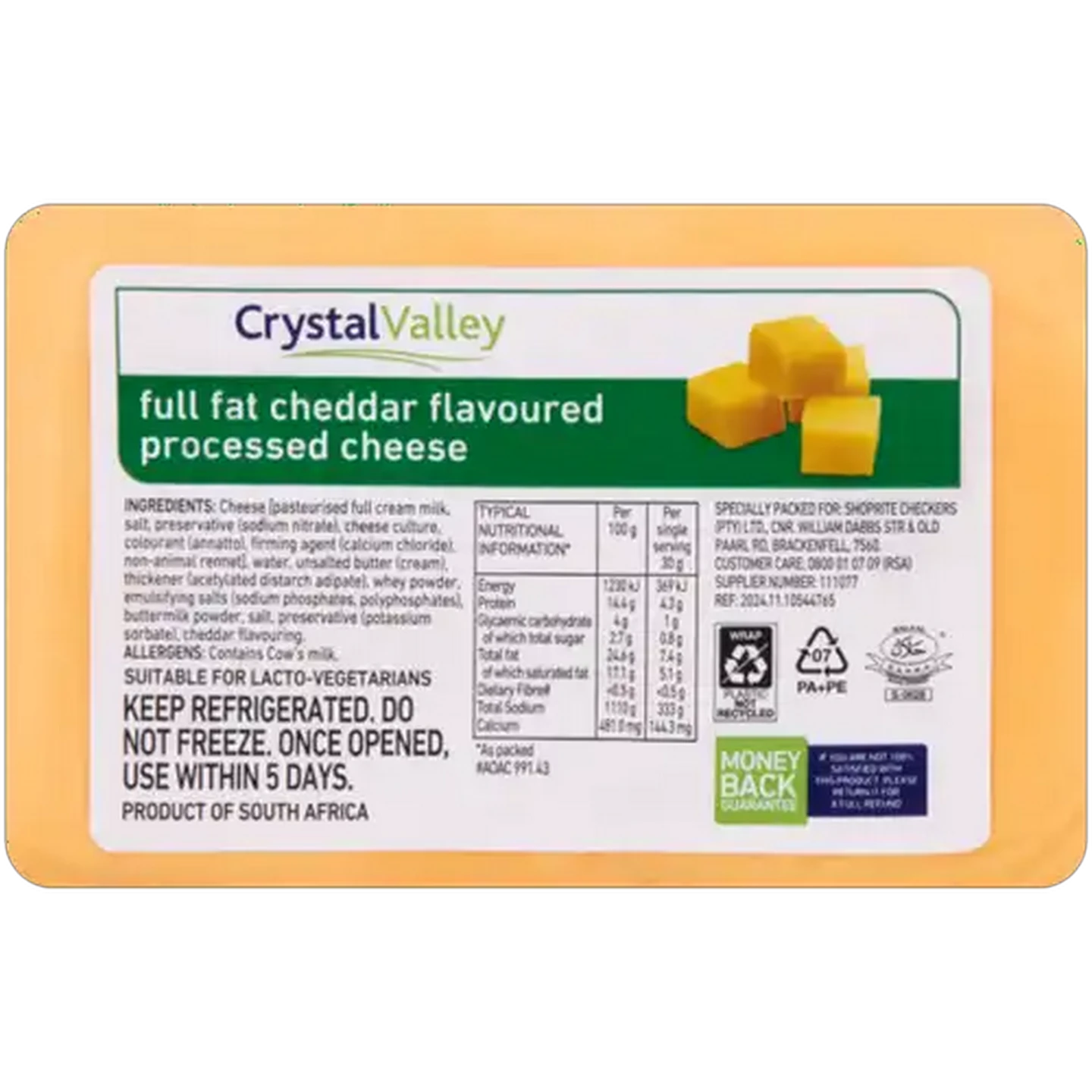 Image of Crystal Valley Cheddar Flavoured Full Fat Processed Cheese Per KG