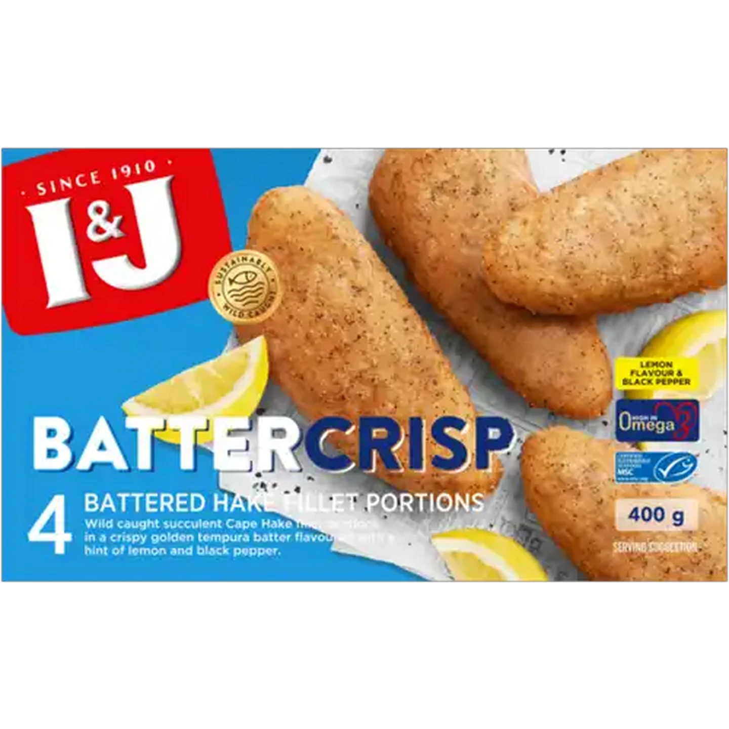 Image of I&J Batter Crisp Lemon Flavour & Black Pepper Frozen Hake Fillet Portions 400g