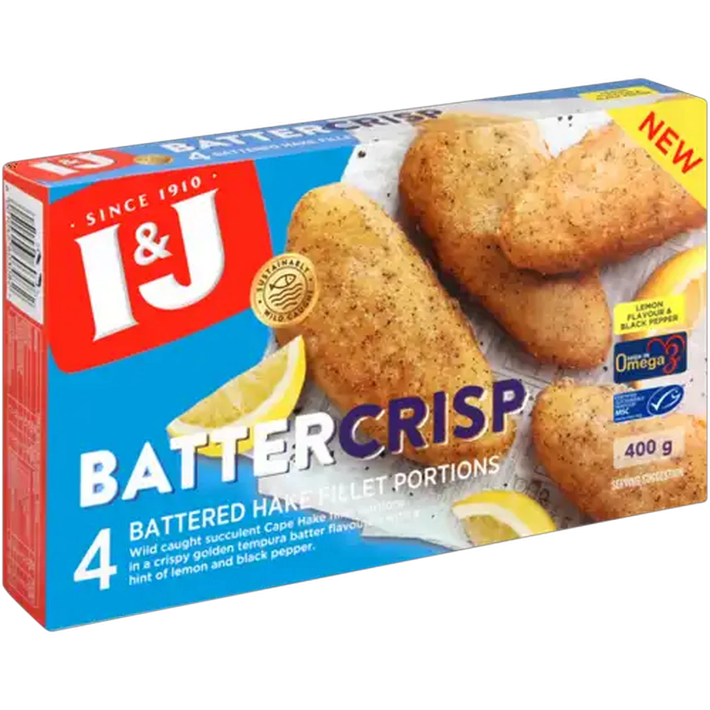 Image of I&J Batter Crisp Lemon Flavour & Black Pepper Frozen Hake Fillet Portions 400g