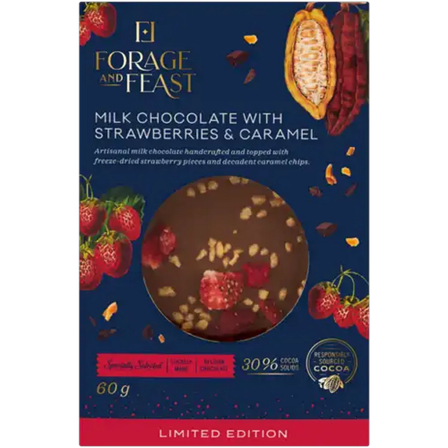 Image of Forage And Feast Limited Edition Milk Chocolate with Strawberries & Caramel 60g