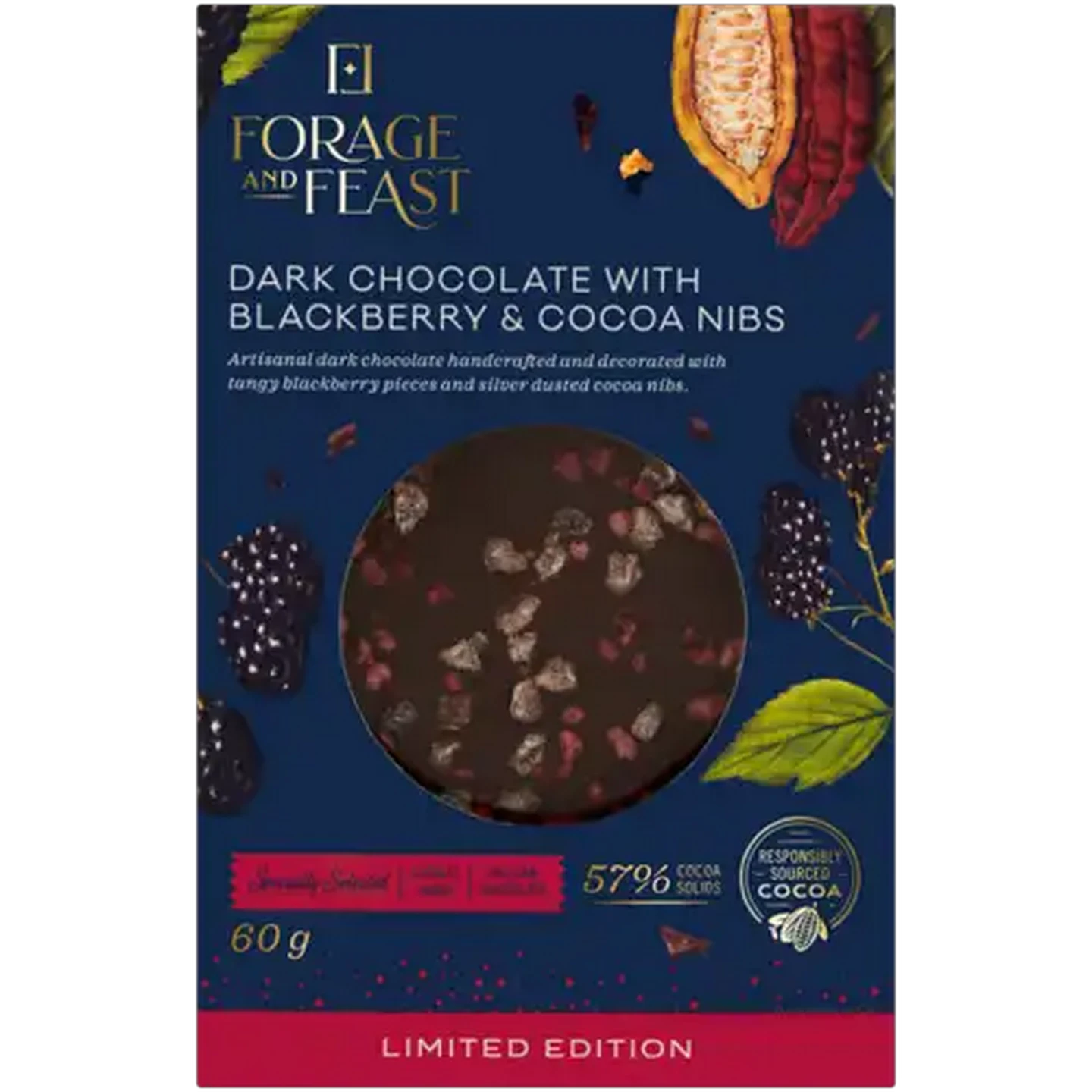 Image of Forage And Feast Limited Edition Dark Chocolate with Blackberry & Cocoa Nibs 60g