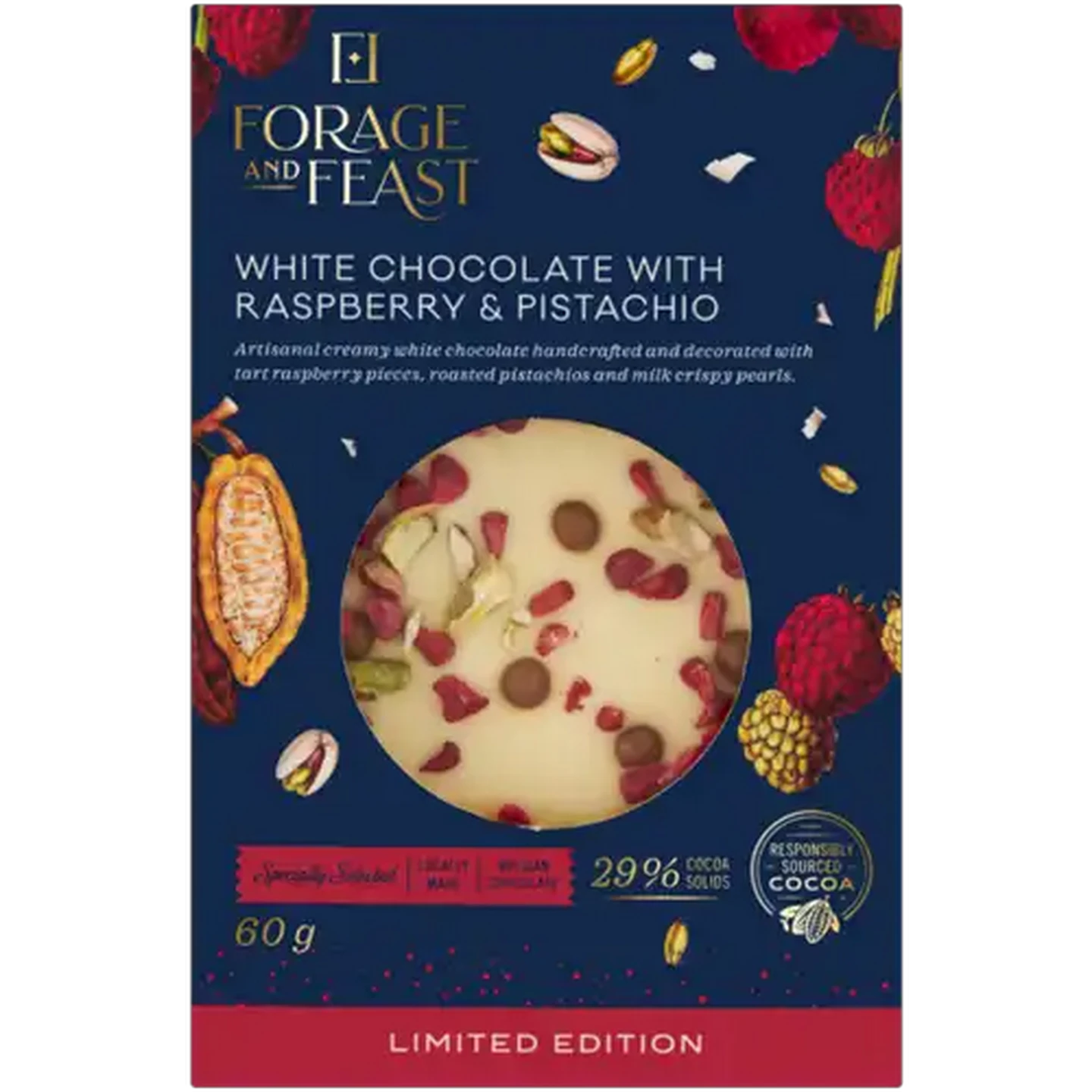 Image of Forage And Feast Limited Edition Xmas White Chocolate With Raspberry & Pistachio 60g