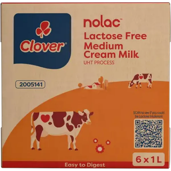 Clover Nolac Lactose Free Medium Cream Milk 6 x 1L