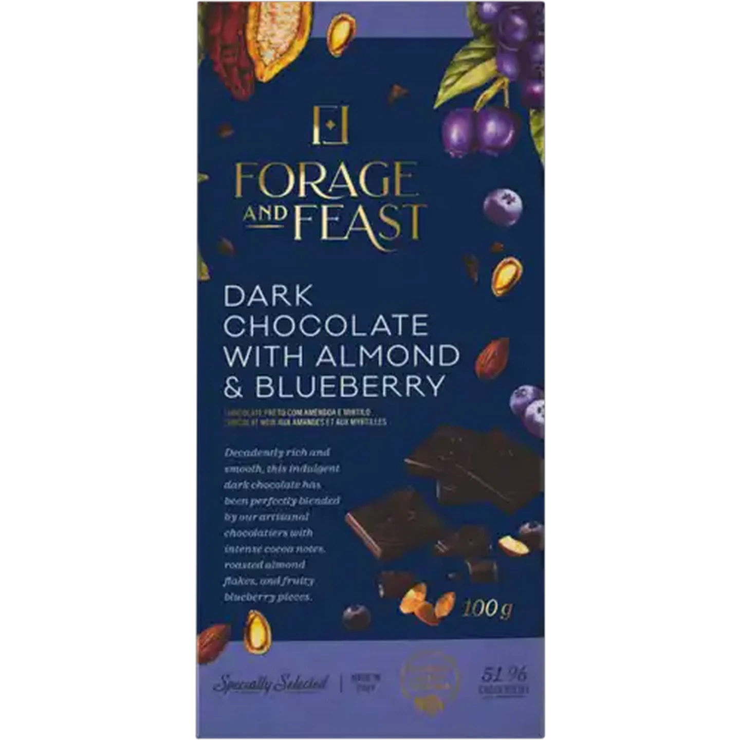 Image of Forage And Feast Almond & Blueberry Dark Chocolate Slab 100g