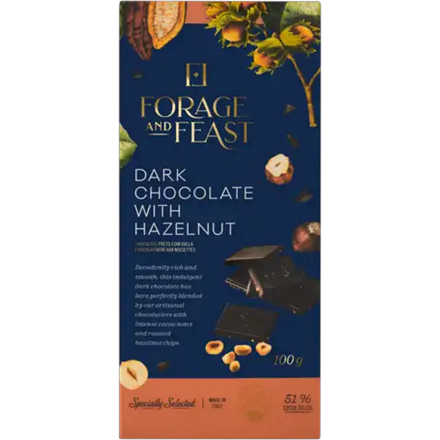 Image of Forage And Feast 51% Dark Chocolate With Hazelnut Slab 100g