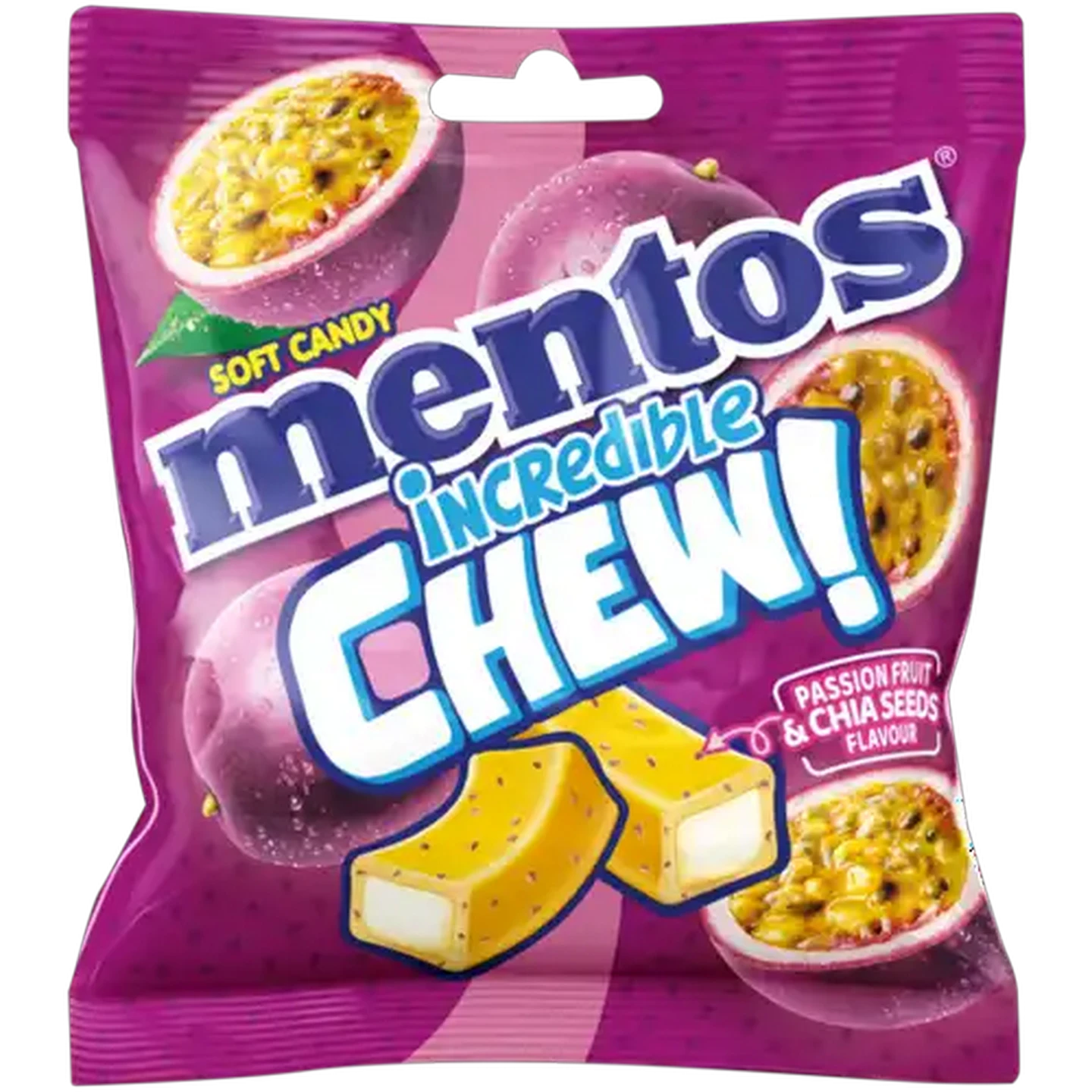 Image of Mentos Incredible Chew! Passion Fruit & Chia Seeds Flavour Soft Candy 72g