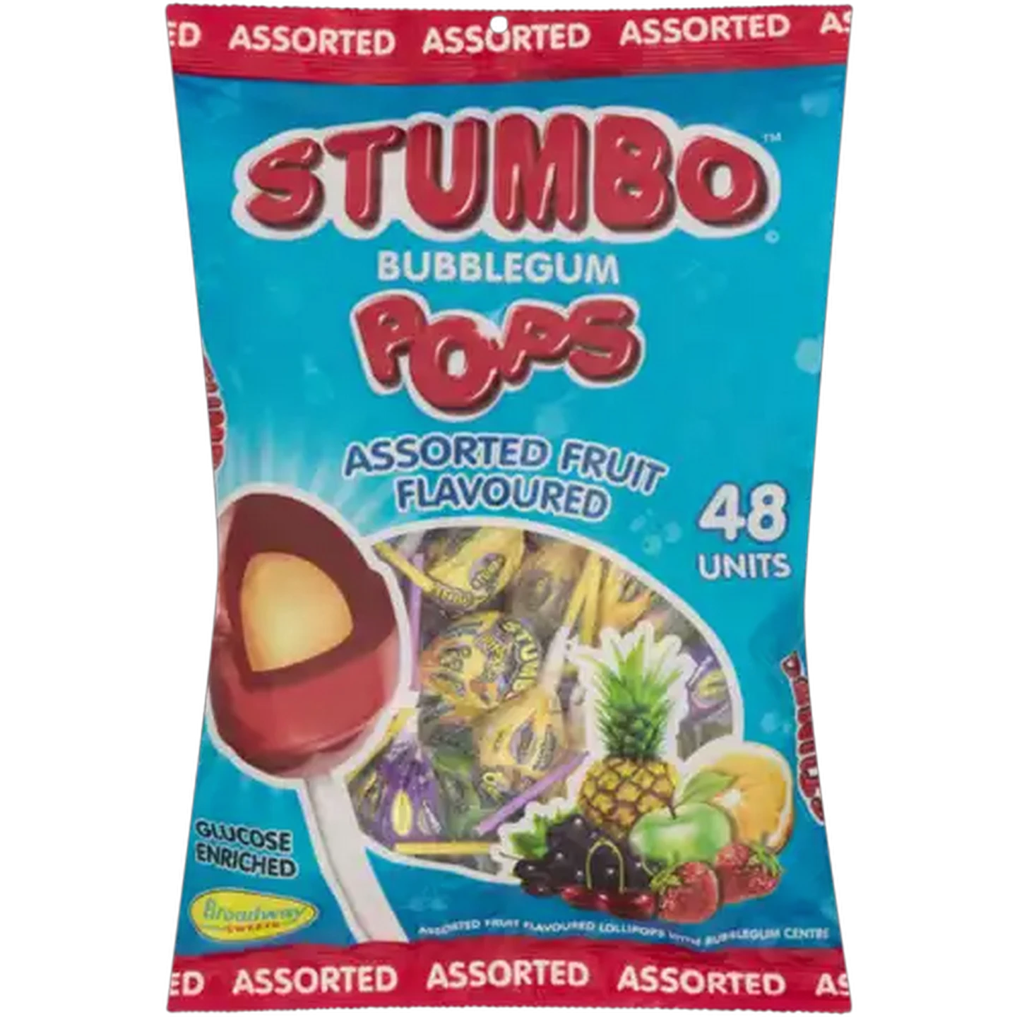 Image of Broadway Sweets Stumbo Assorted Fruit Flavoured Bubblegum Pops 48 Pack