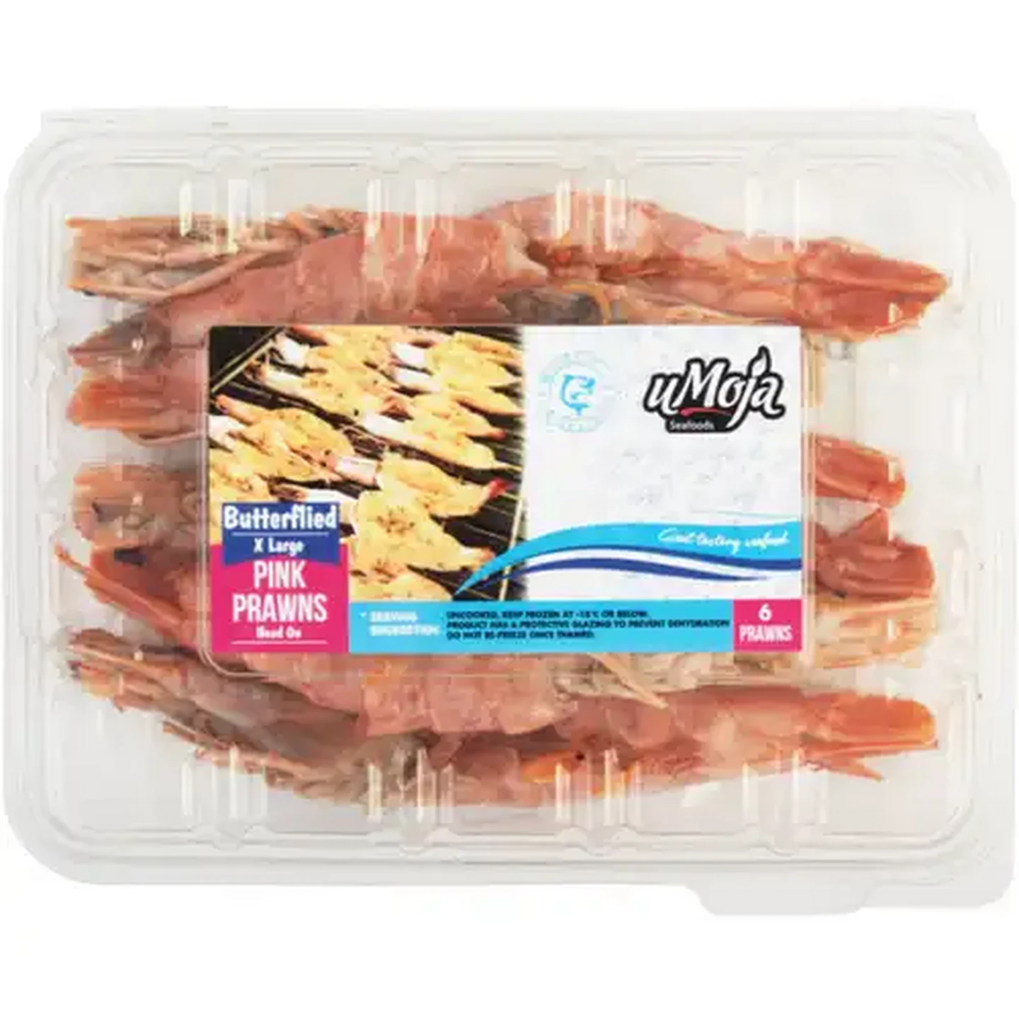 Image of uMoja Seafoods Extra Large Frozen Pink Butterflied Prawns 6 Pack