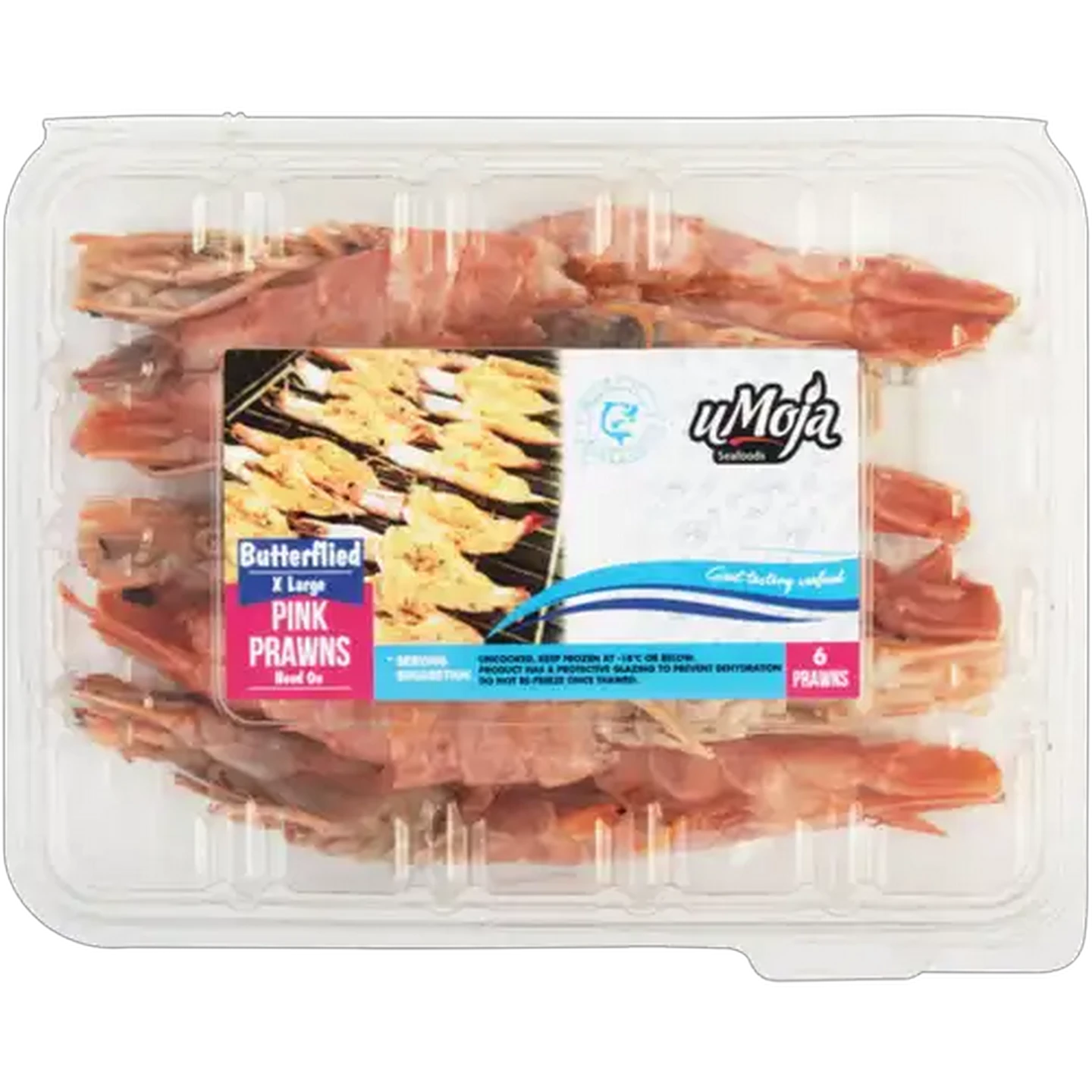 Image of uMoja Seafoods Extra Large Frozen Pink Butterflied Prawns 6 Pack