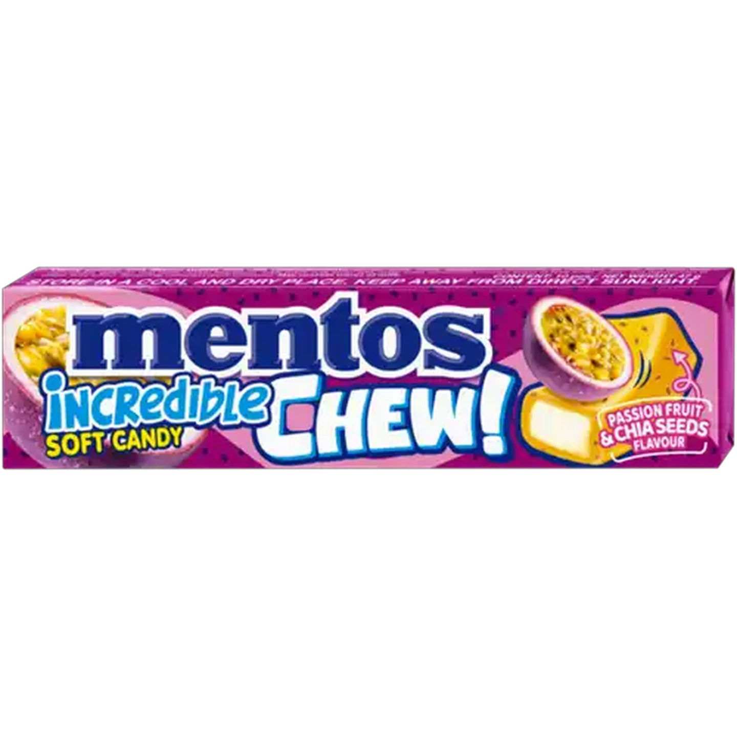 Image of Mentos Incredible Chew! Passion Fruit & Chia Seeds Flavour Soft Candy 47g
