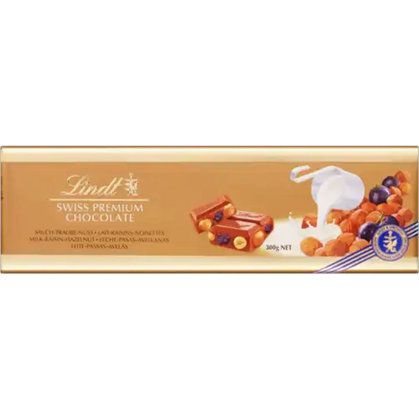 Image of Lindt Gold Hazelnut & Raisin Swiss Premium Chocolate Bar 300g