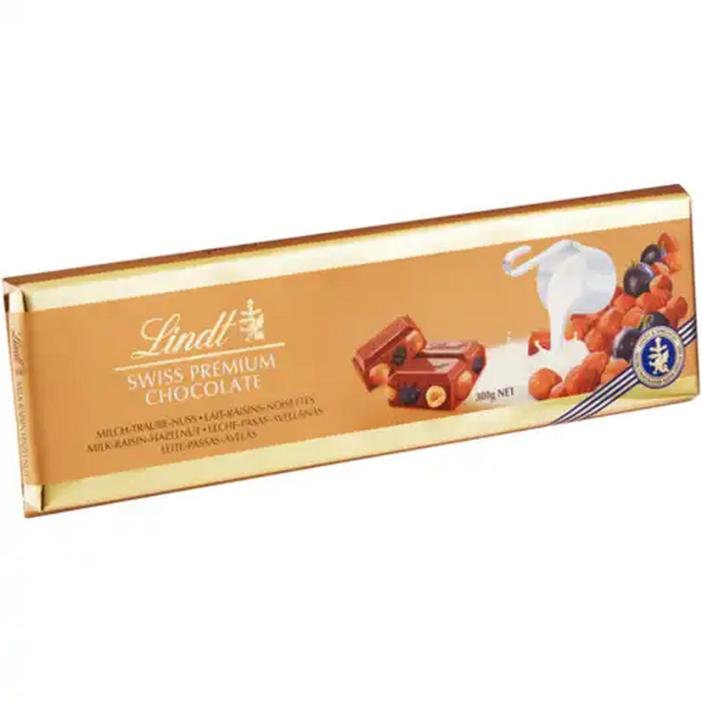 Image of Lindt Gold Hazelnut & Raisin Swiss Premium Chocolate Bar 300g