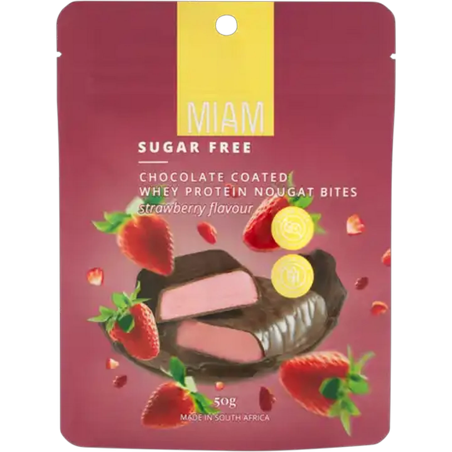 Image of Miam Strawberry Flavour Chocolate Coated Whey Protein Nougat Bites 50g