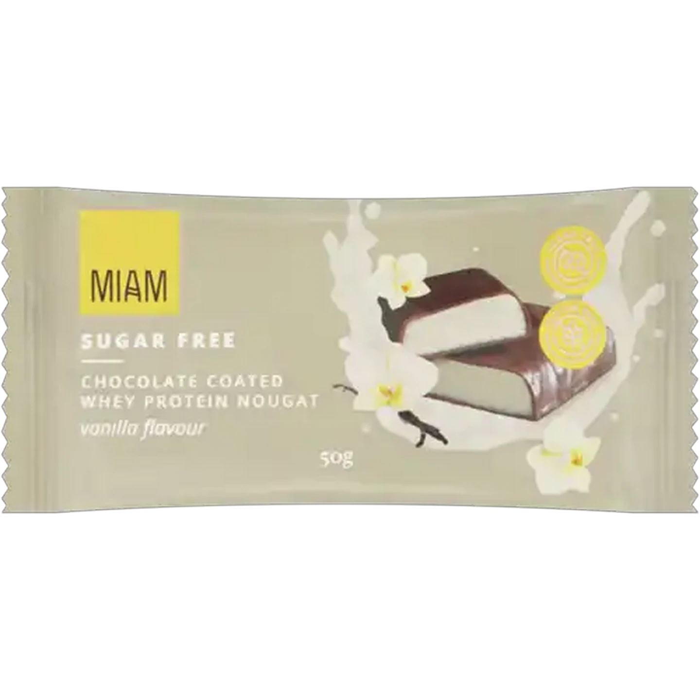 Image of Miam Vanilla Flavour Sugar Free Chocolate Coated Whey Protein Nougat 50g
