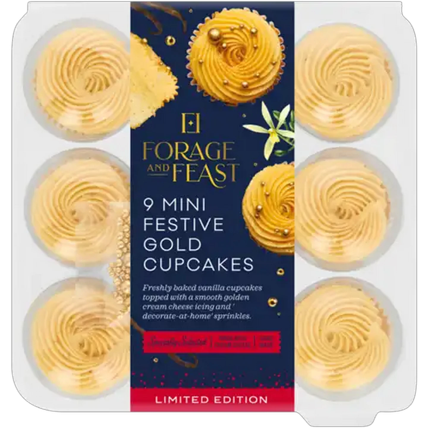 Image of Forage And Feast Limited Edition Mini Festive Gold Cupcakes 9 Pack