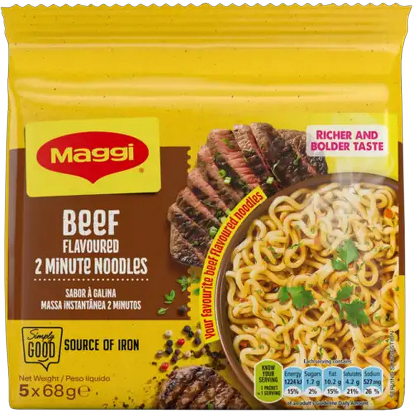 Image of Maggi Beef Flavoured 2 Minute Noodles 5 x 68g