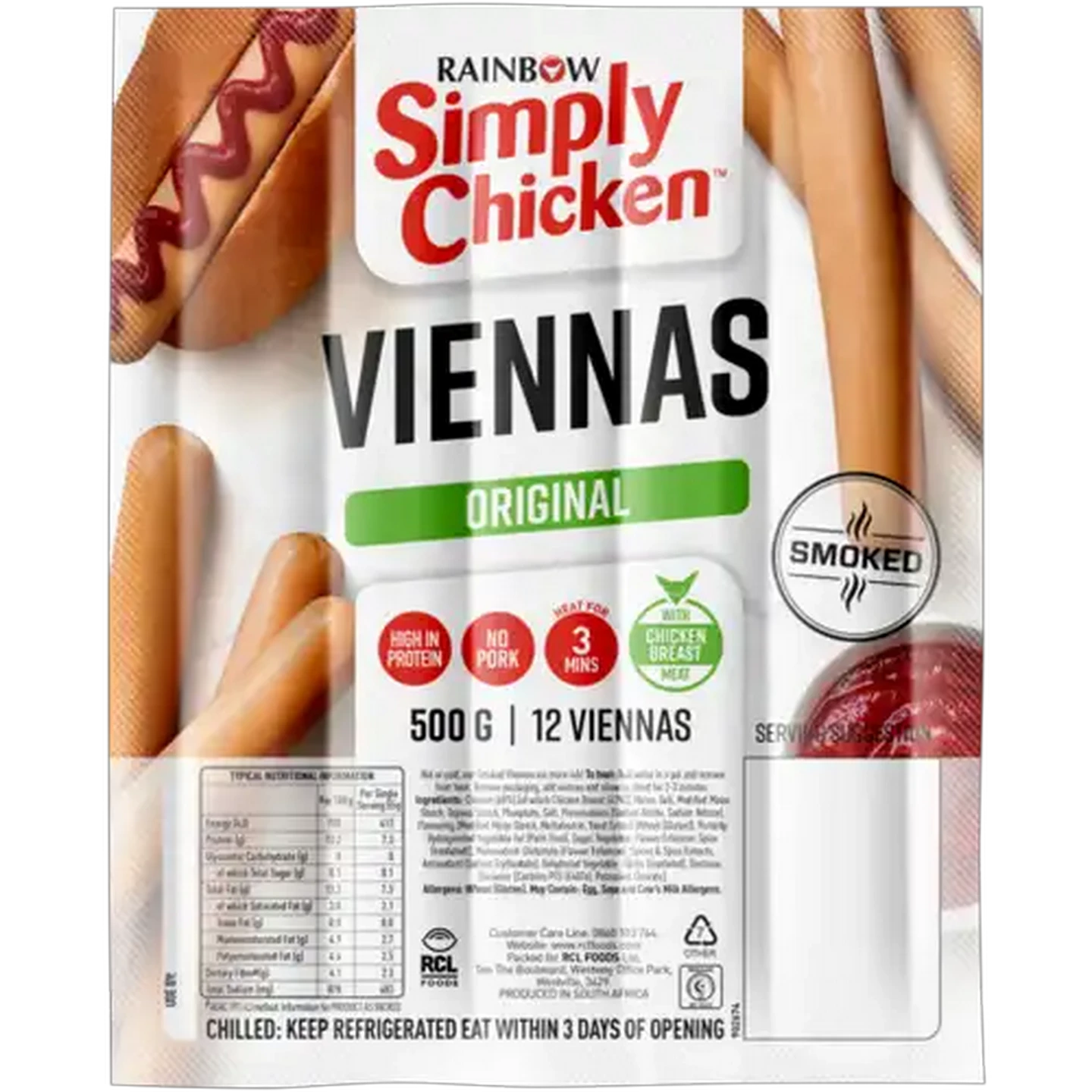 Image of RAINBOW Simply Chicken Original Smoked Viennas 500g
