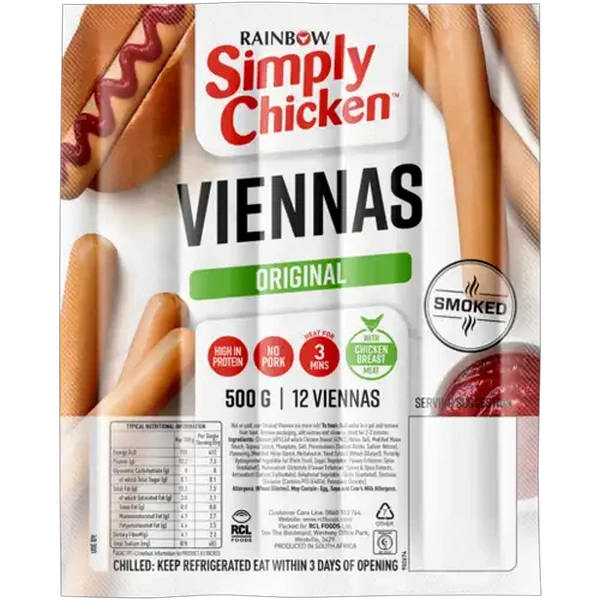 RAINBOW Simply Chicken Original Smoked Viennas 500g