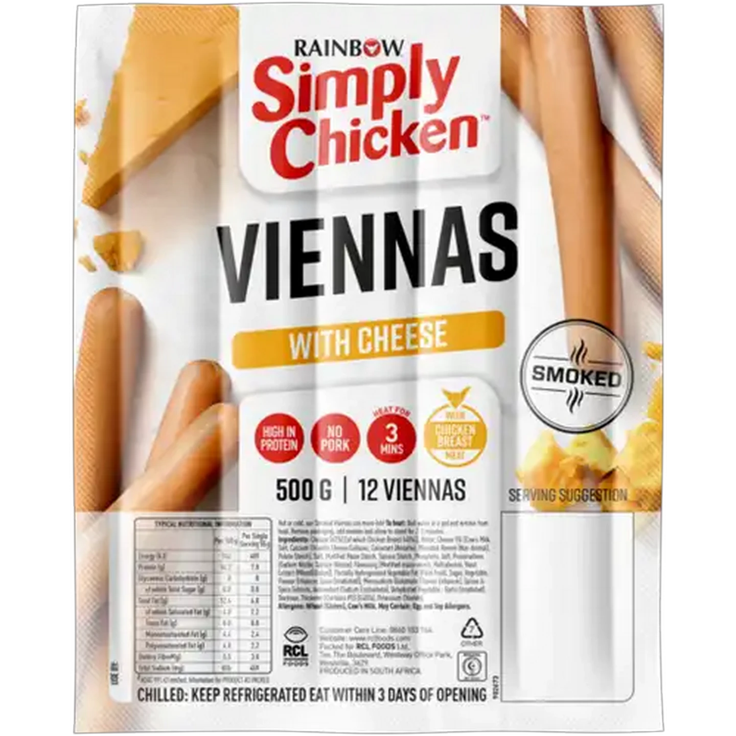 Image of RAINBOW Simply Chicken Cheese Smoked Viennas 500g